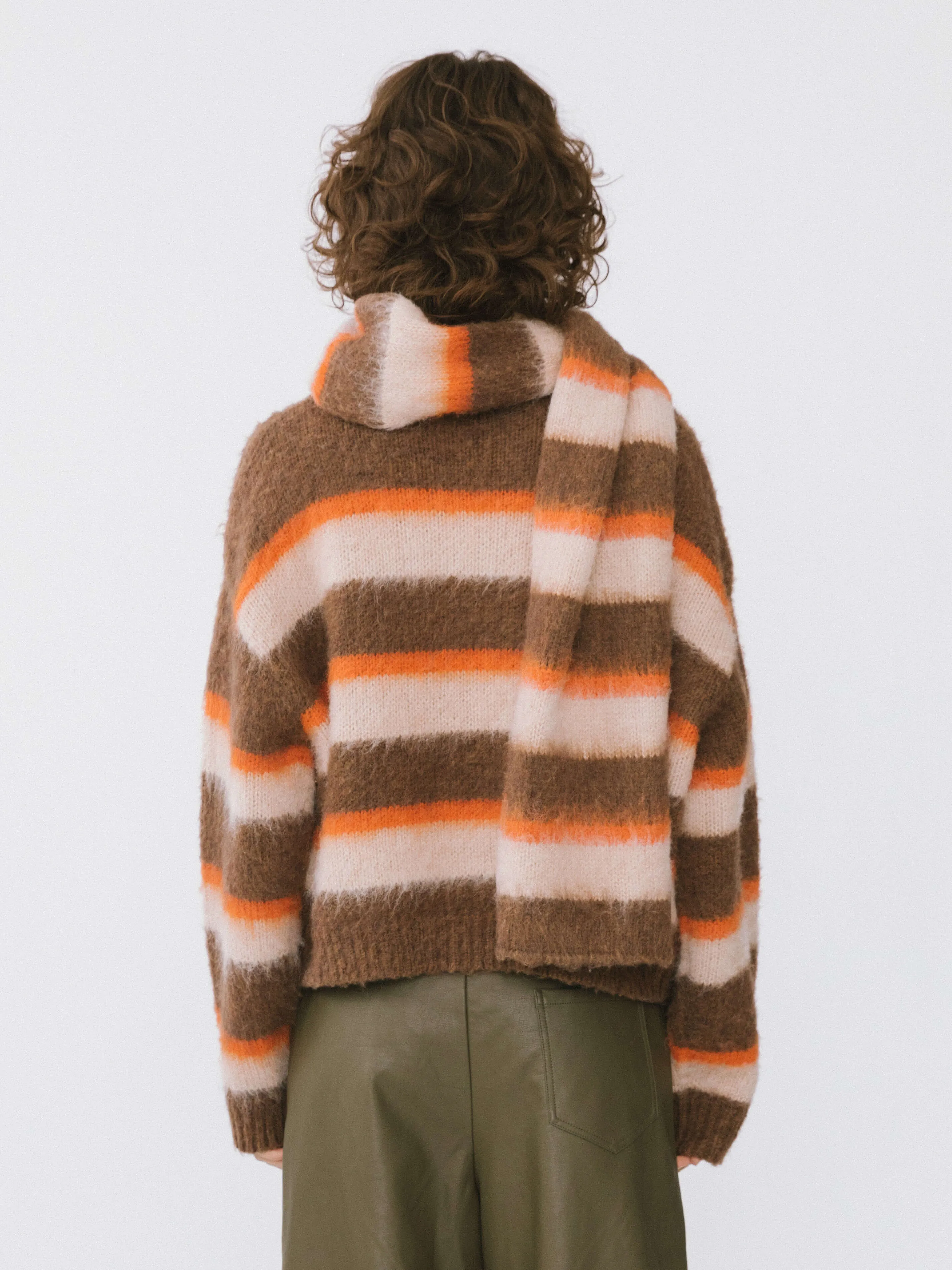 Striped Color Block Wool Knit Cardigan With Scarf