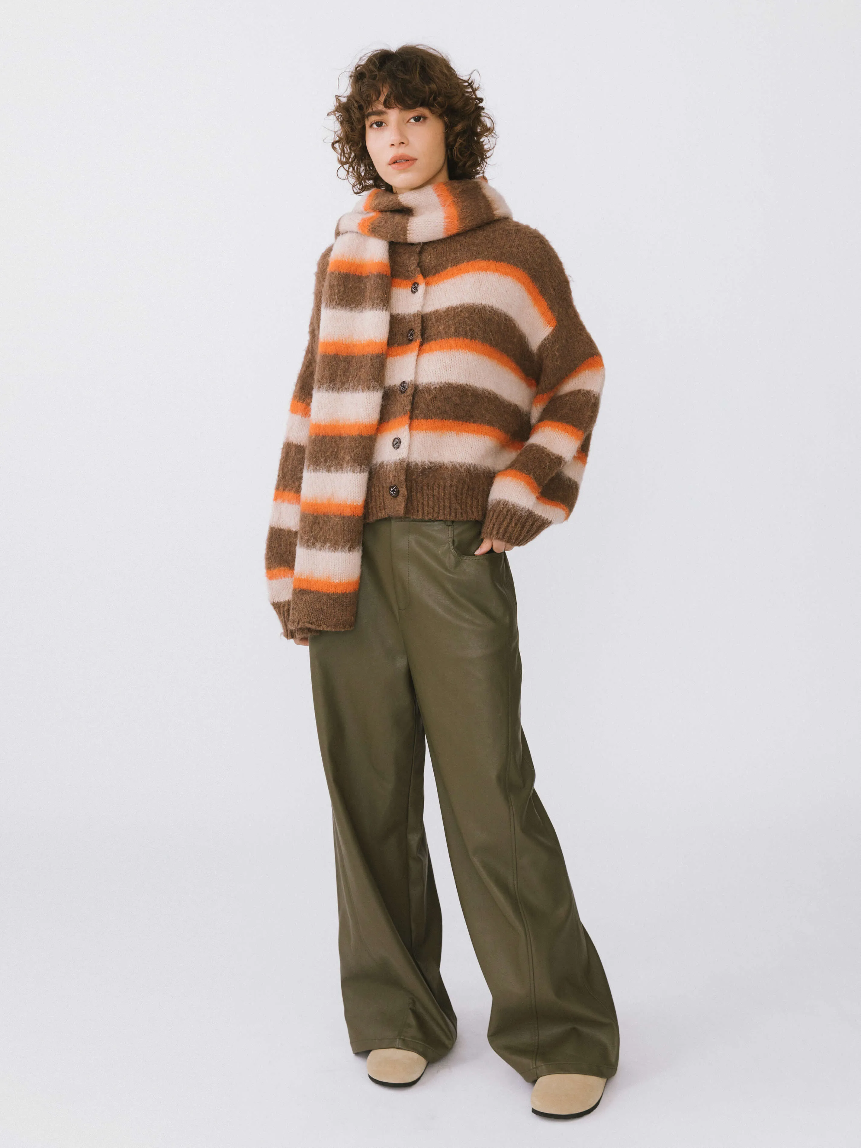 Striped Color Block Wool Knit Cardigan With Scarf
