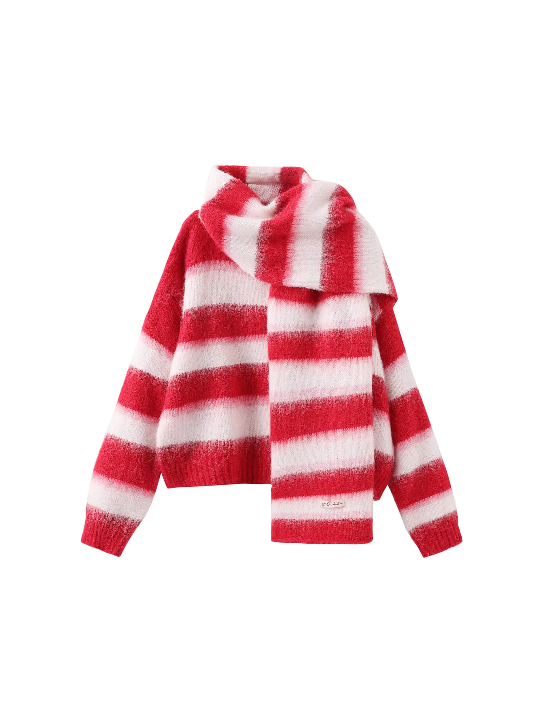 Striped Color Block Wool Knit Cardigan With Scarf