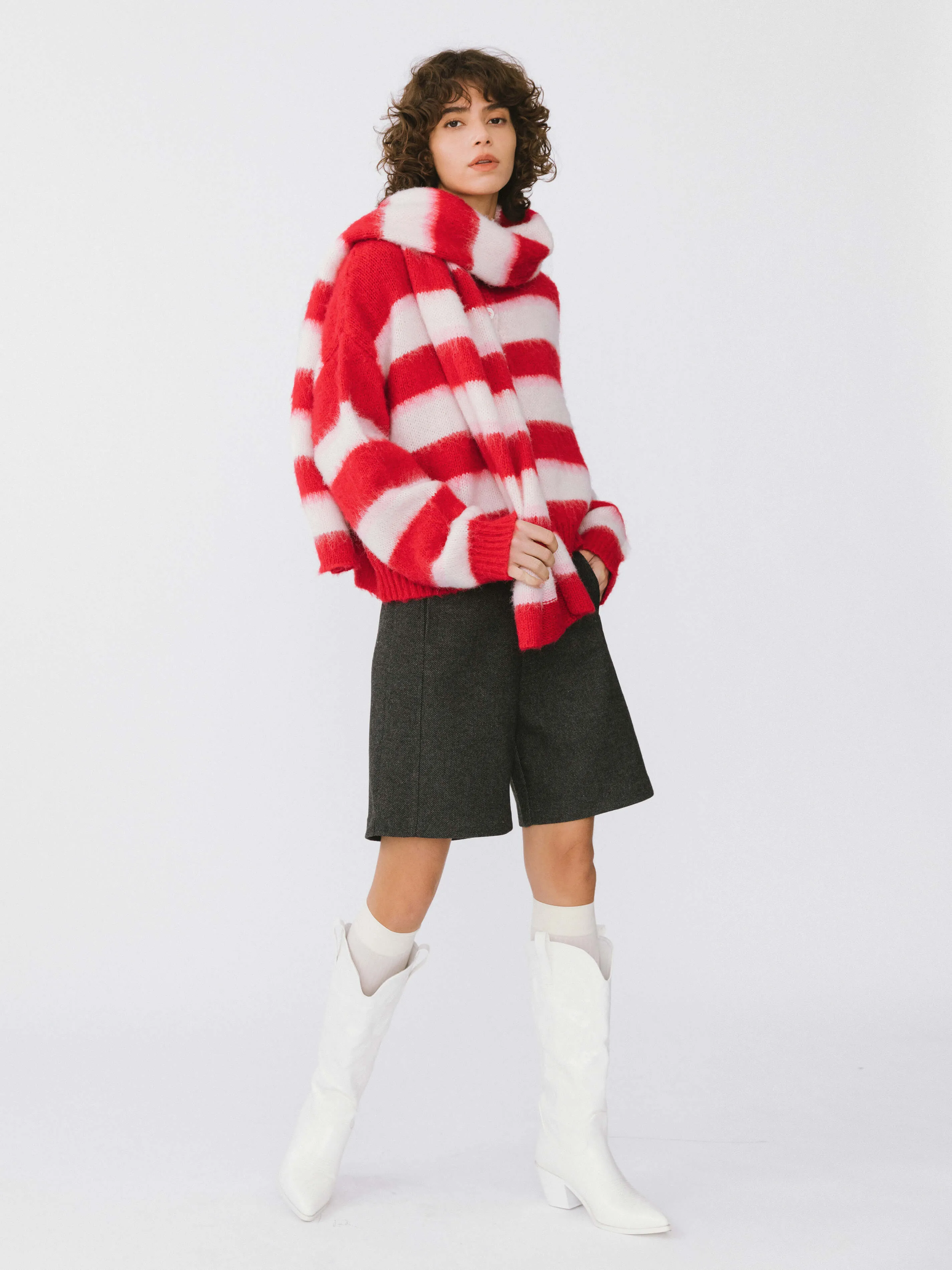 Striped Color Block Wool Knit Cardigan With Scarf
