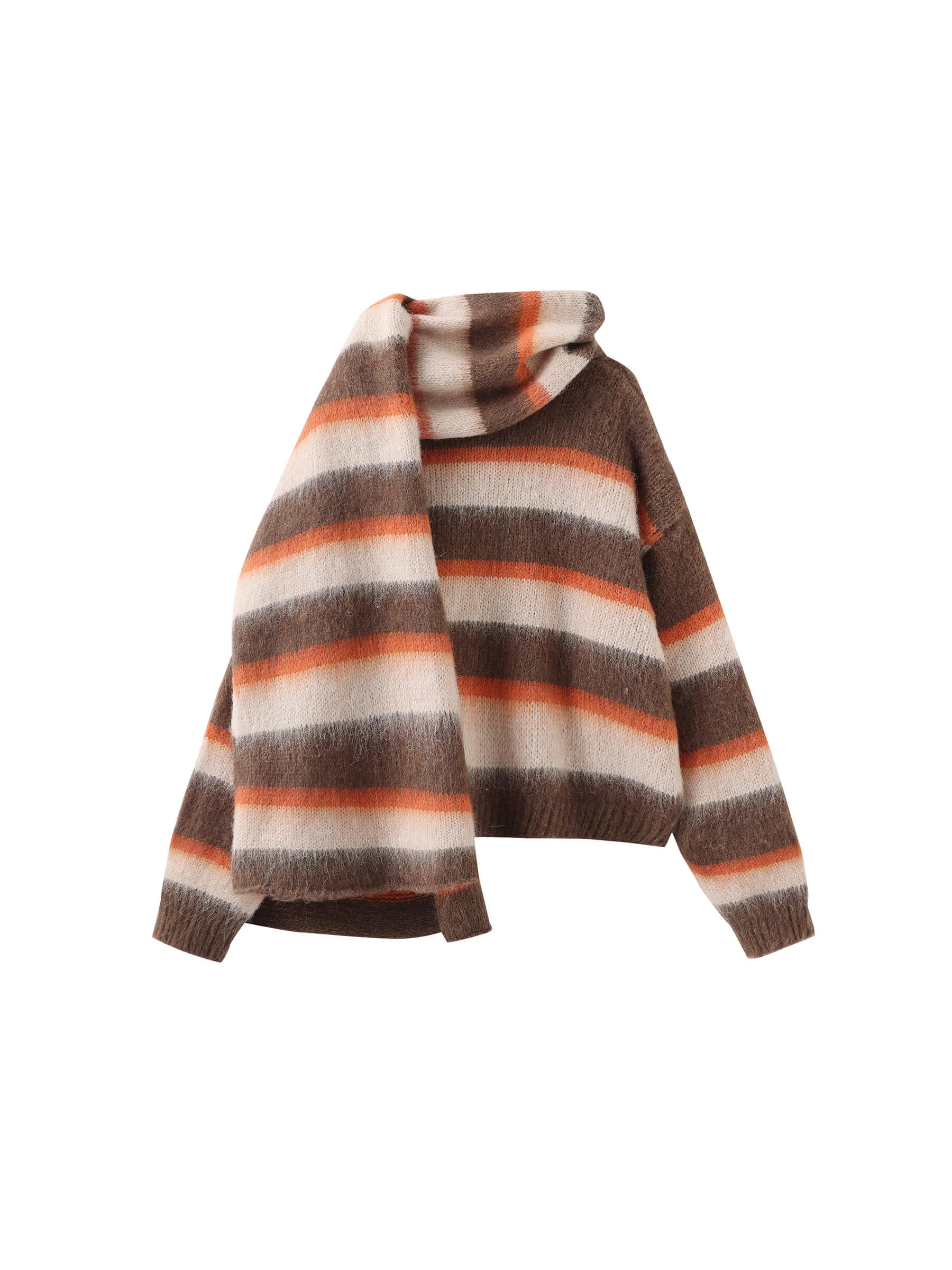 Striped Color Block Wool Knit Cardigan With Scarf