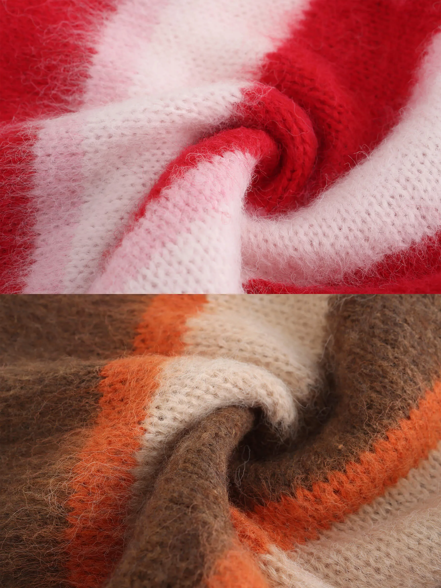 Striped Color Block Wool Knit Cardigan With Scarf