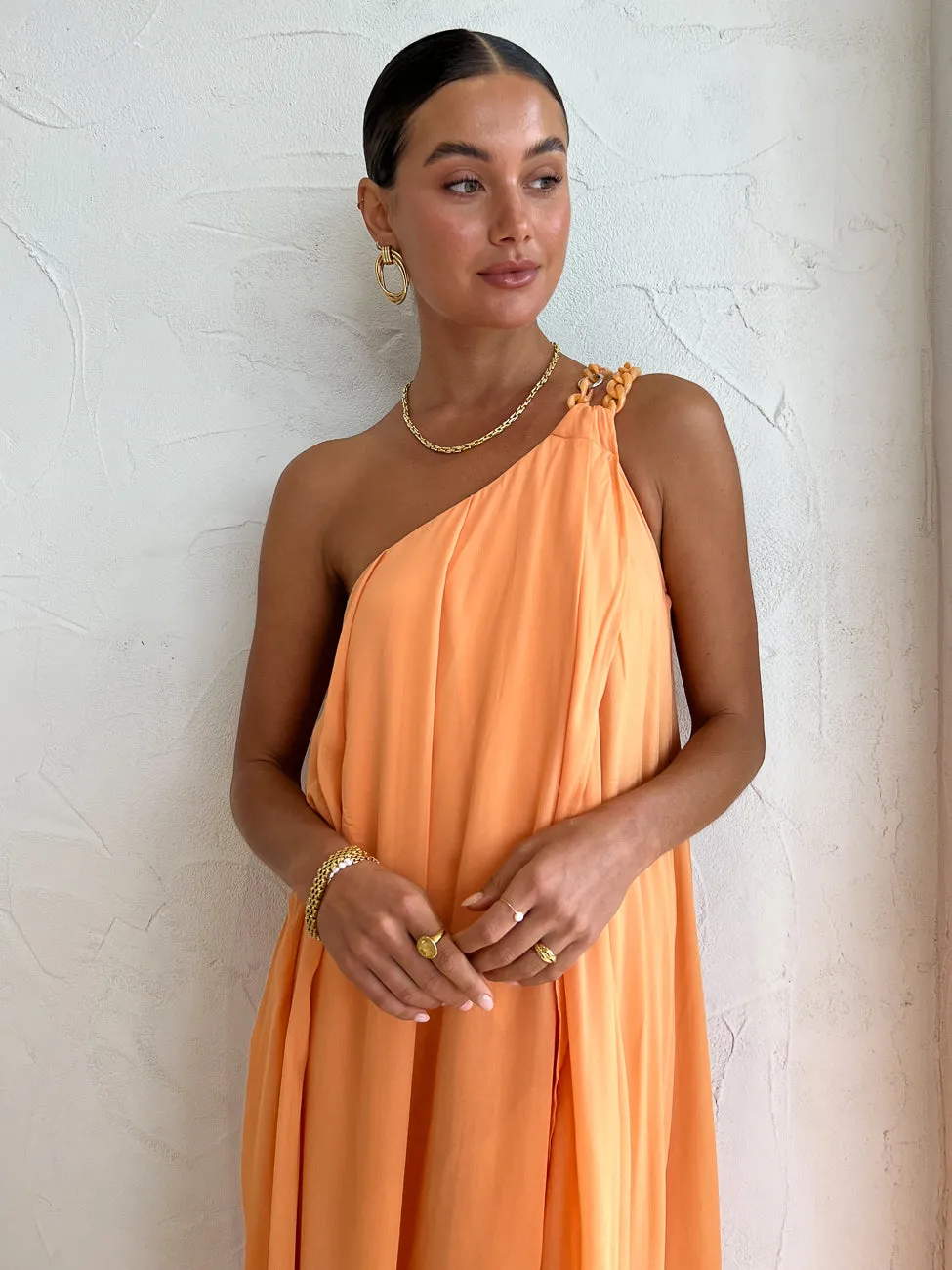 Suboo Aura One Shoulder Chain Maxi Dress in Melon