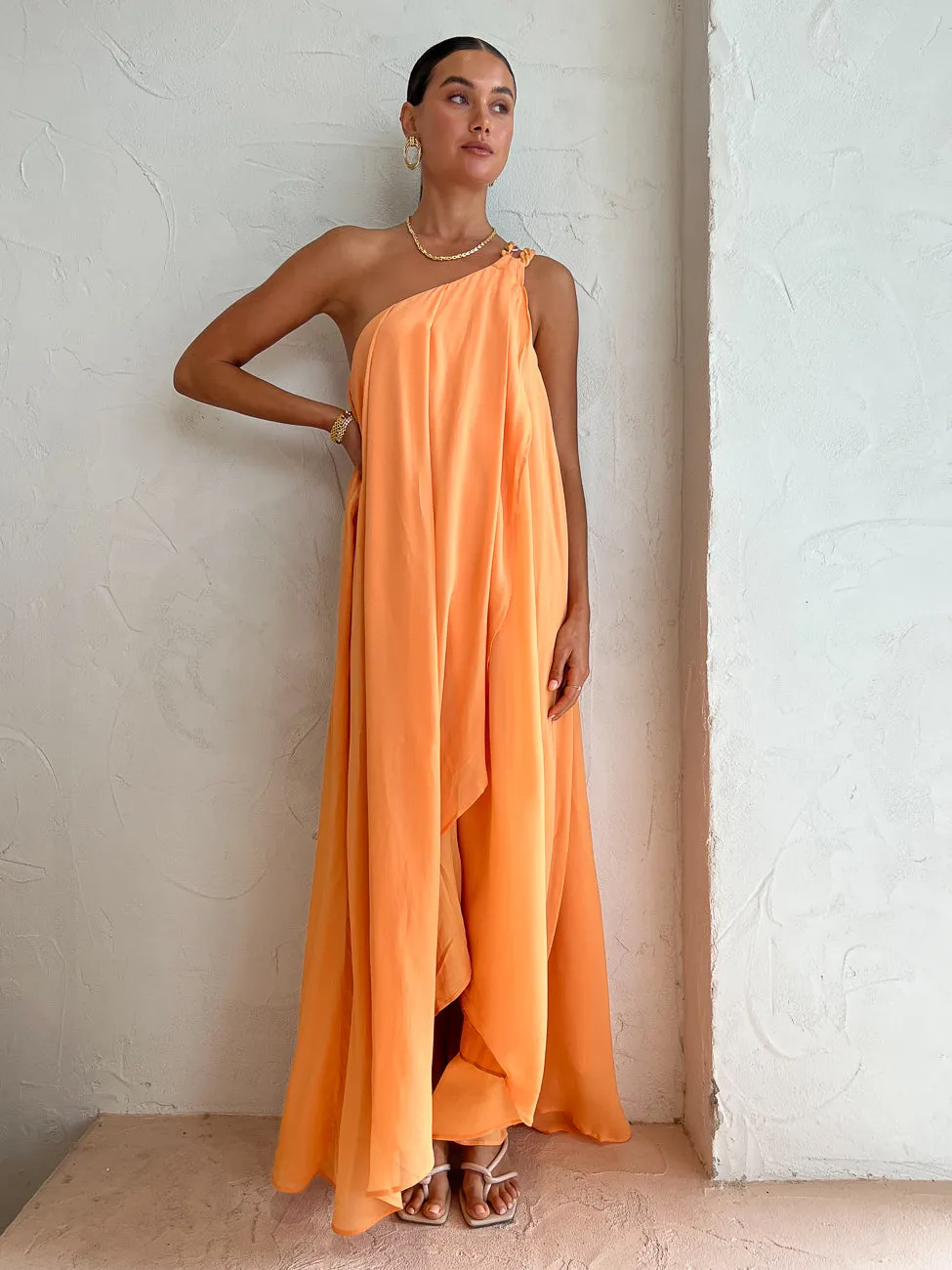 Suboo Aura One Shoulder Chain Maxi Dress in Melon