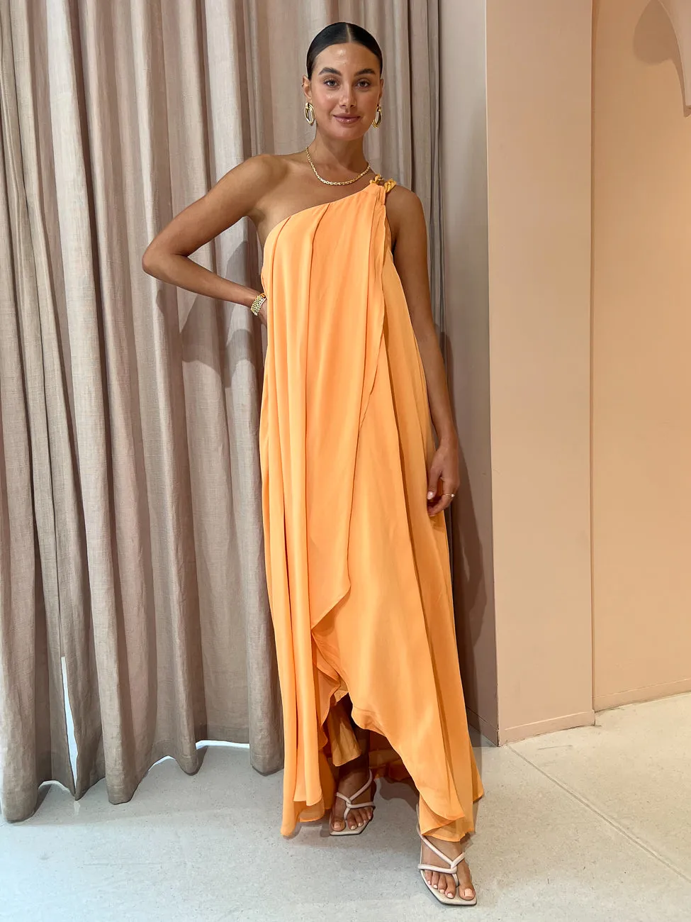 Suboo Aura One Shoulder Chain Maxi Dress in Melon
