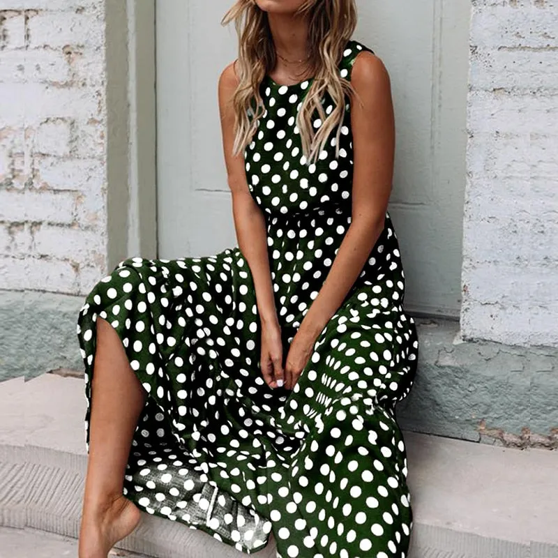 Summer Casual Women's Maxi Polka Dot Long Dress For Beach Party