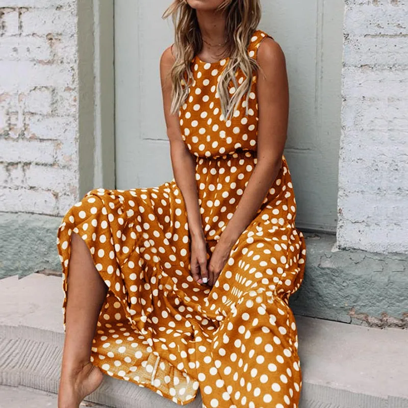 Summer Casual Women's Maxi Polka Dot Long Dress For Beach Party