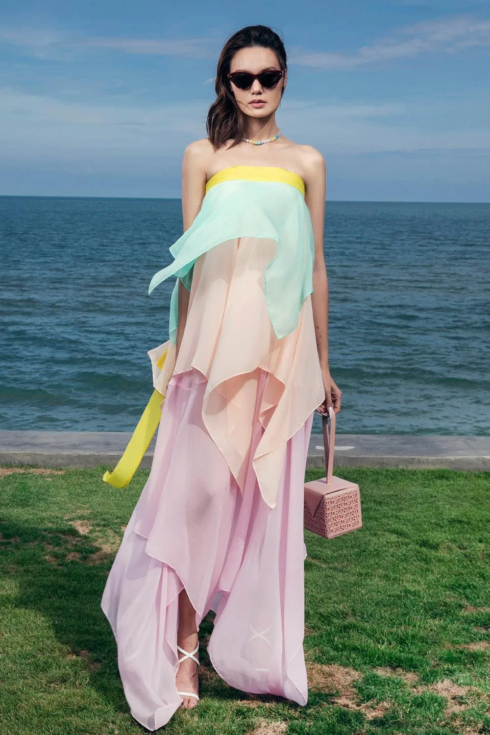 Suzanne Strapless Layered Organza Voile Floor Length Dress