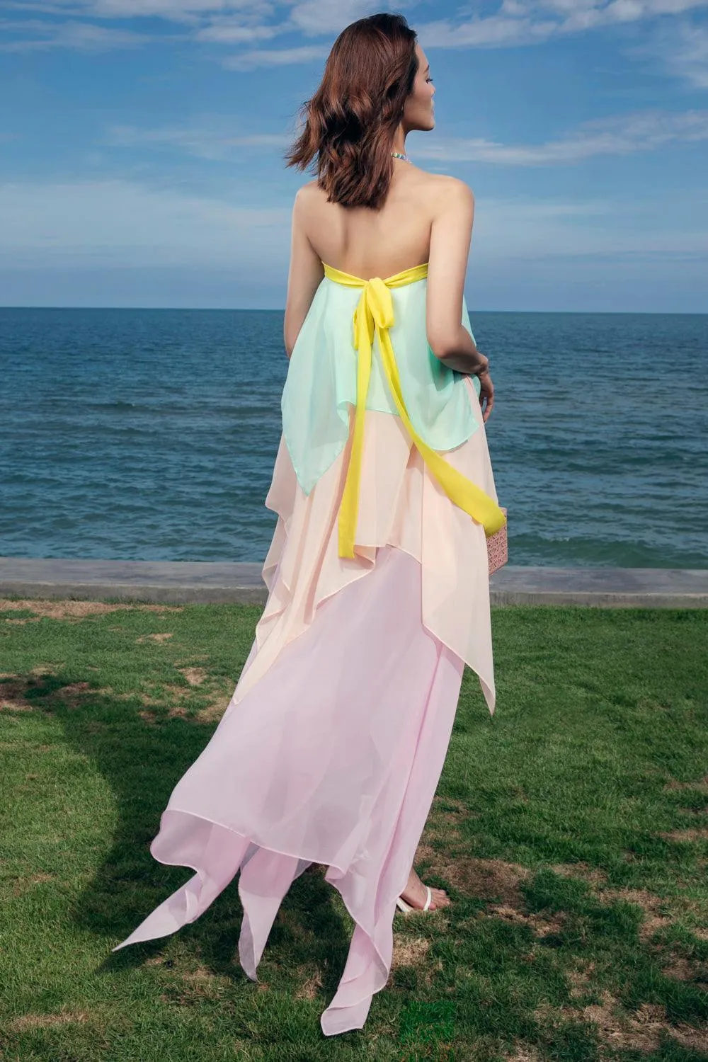 Suzanne Strapless Layered Organza Voile Floor Length Dress