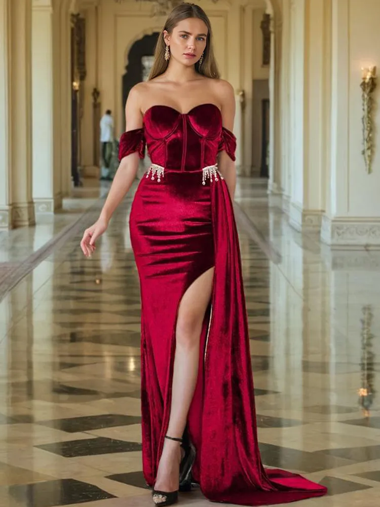 Sweetheart Strapless Black Velvet Prom Dress with Slit