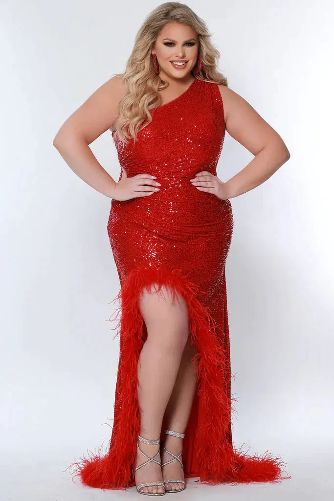 Sydney's Closet JK2303 Size 24 Jet Long Fitted One Shoulder Plus Size Sequin Feather maxi slit Prom Dress