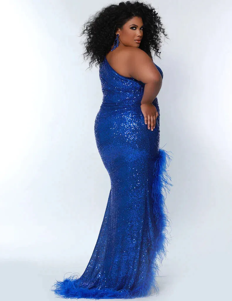 Sydney's Closet JK2303 Size 24 Jet Long Fitted One Shoulder Plus Size Sequin Feather maxi slit Prom Dress