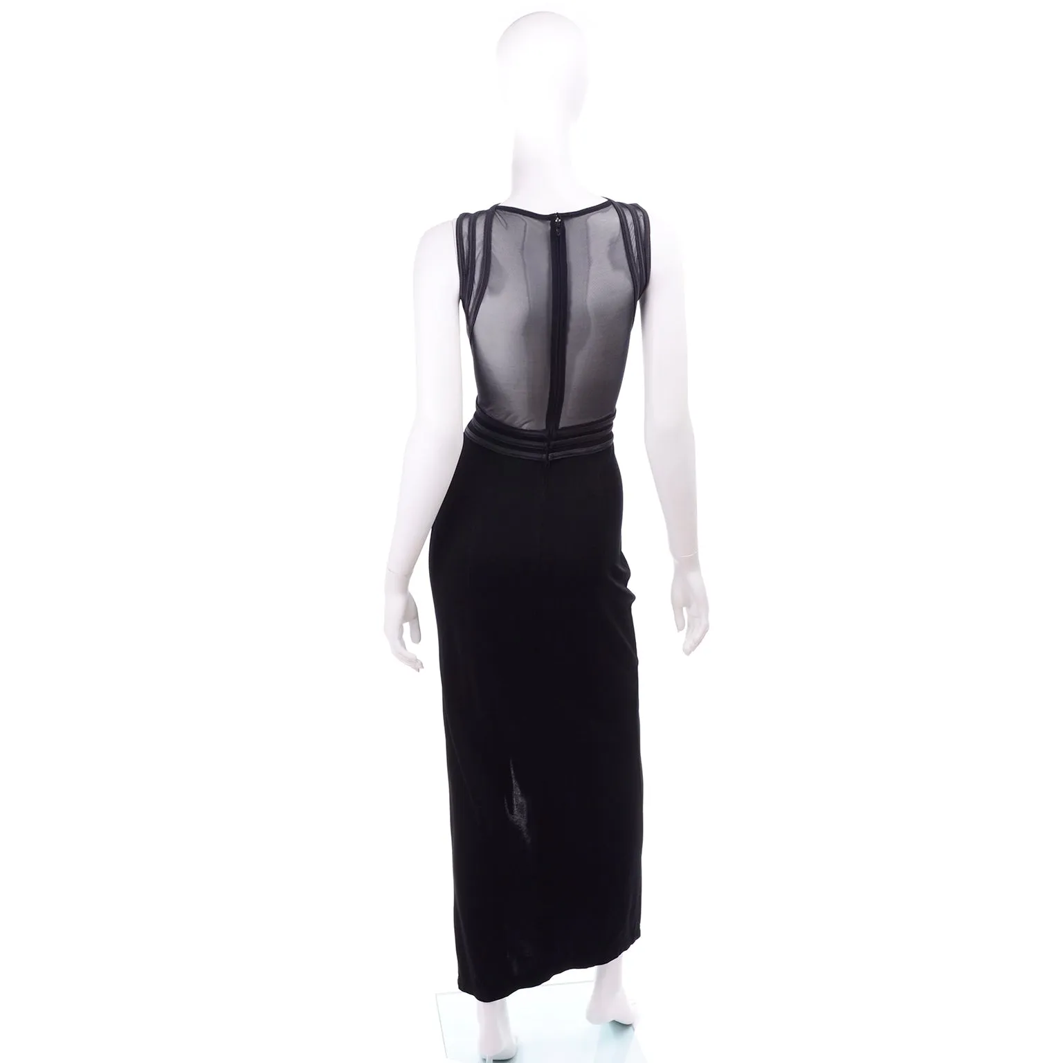 Tadashi Shoji Vintage Black Evening Dress w Sheer Mesh & Thigh High Slit