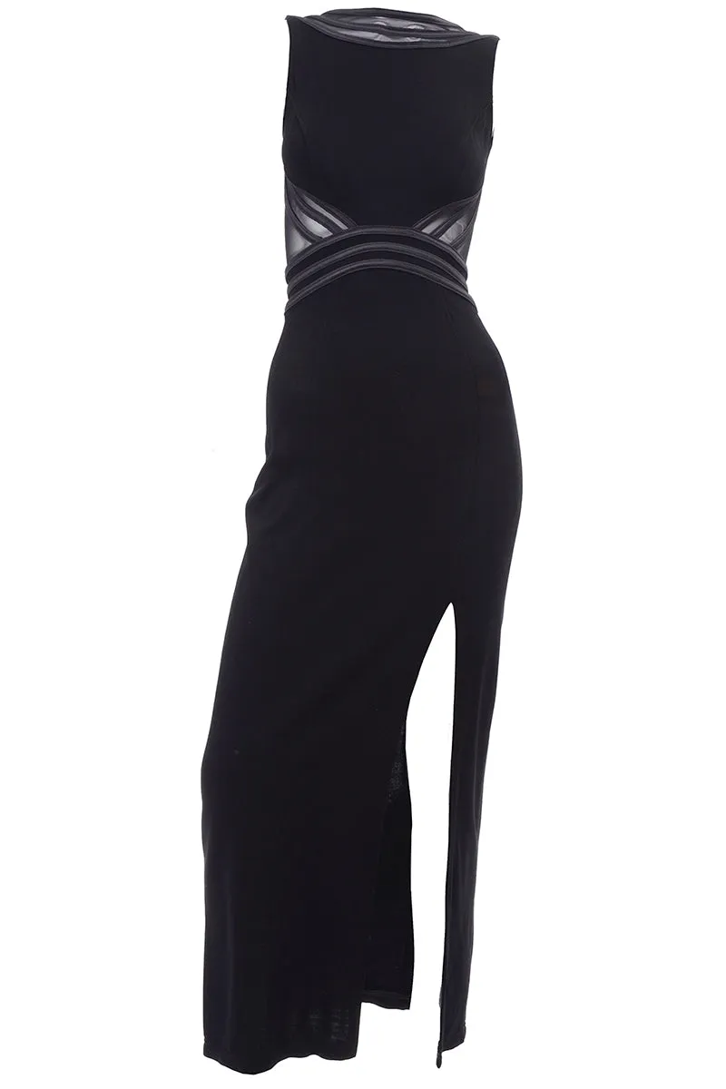 Tadashi Shoji Vintage Black Evening Dress w Sheer Mesh & Thigh High Slit