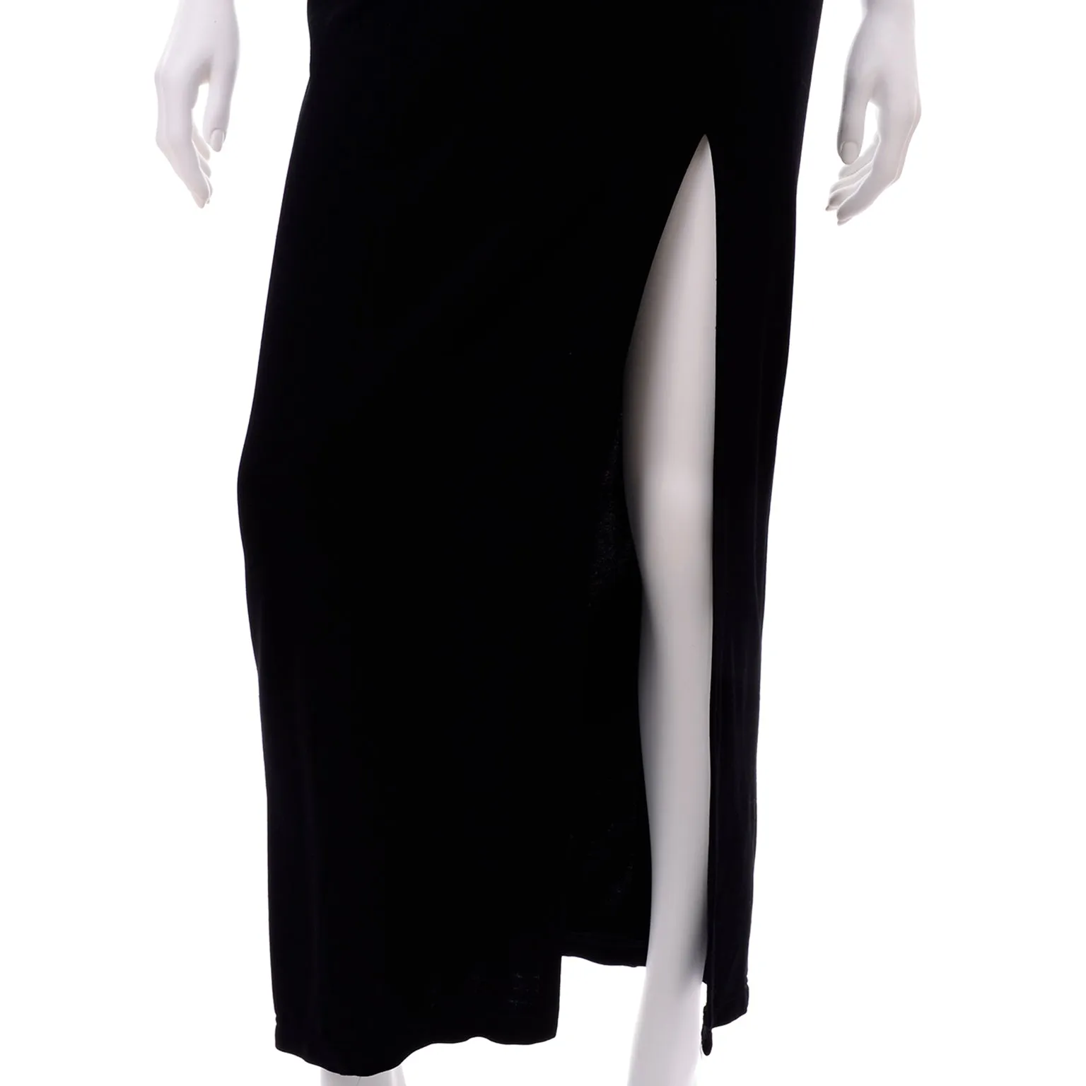 Tadashi Shoji Vintage Black Evening Dress w Sheer Mesh & Thigh High Slit