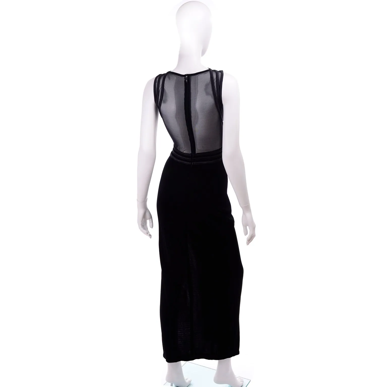 Tadashi Shoji Vintage Black Evening Dress w Sheer Mesh & Thigh High Slit