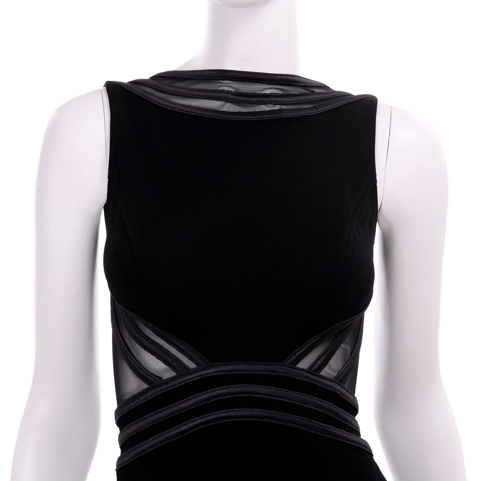 Tadashi Shoji Vintage Black Evening Dress w Sheer Mesh & Thigh High Slit