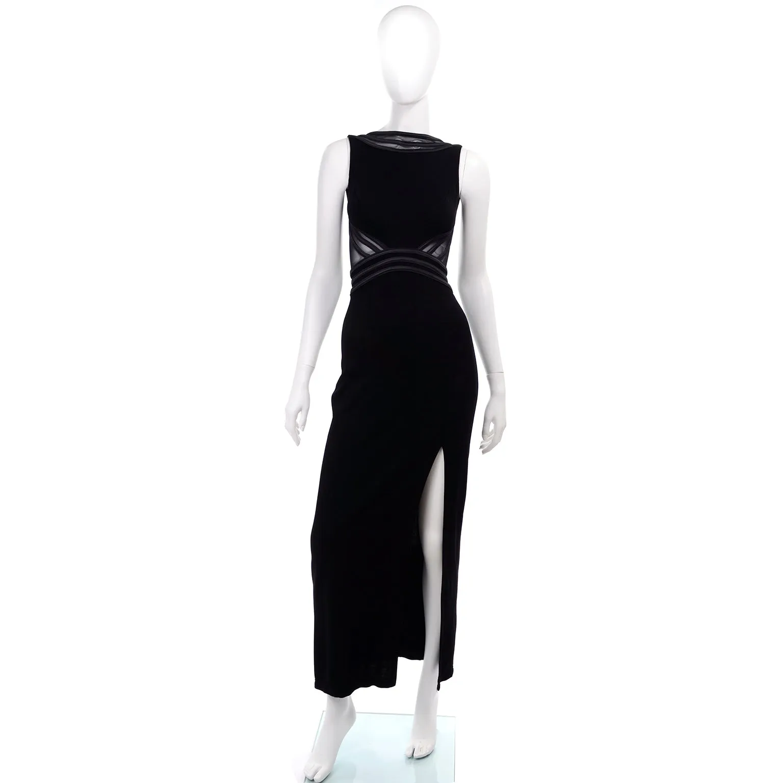 Tadashi Shoji Vintage Black Evening Dress w Sheer Mesh & Thigh High Slit