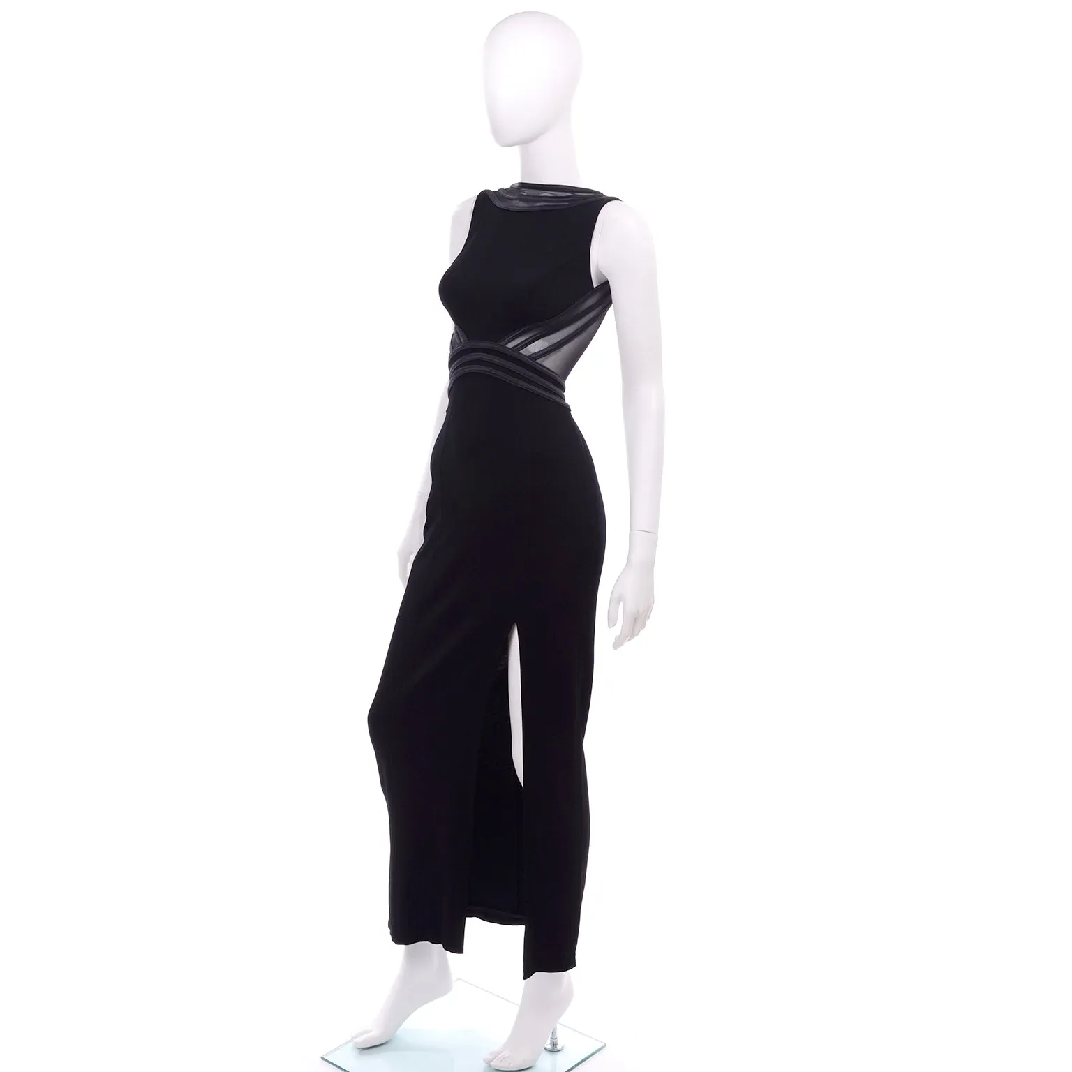 Tadashi Shoji Vintage Black Evening Dress w Sheer Mesh & Thigh High Slit