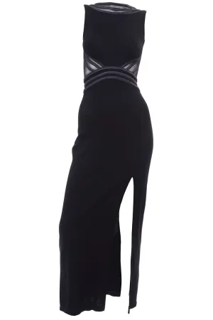 Tadashi Shoji Vintage Black Evening Dress w Sheer Mesh & Thigh High Slit