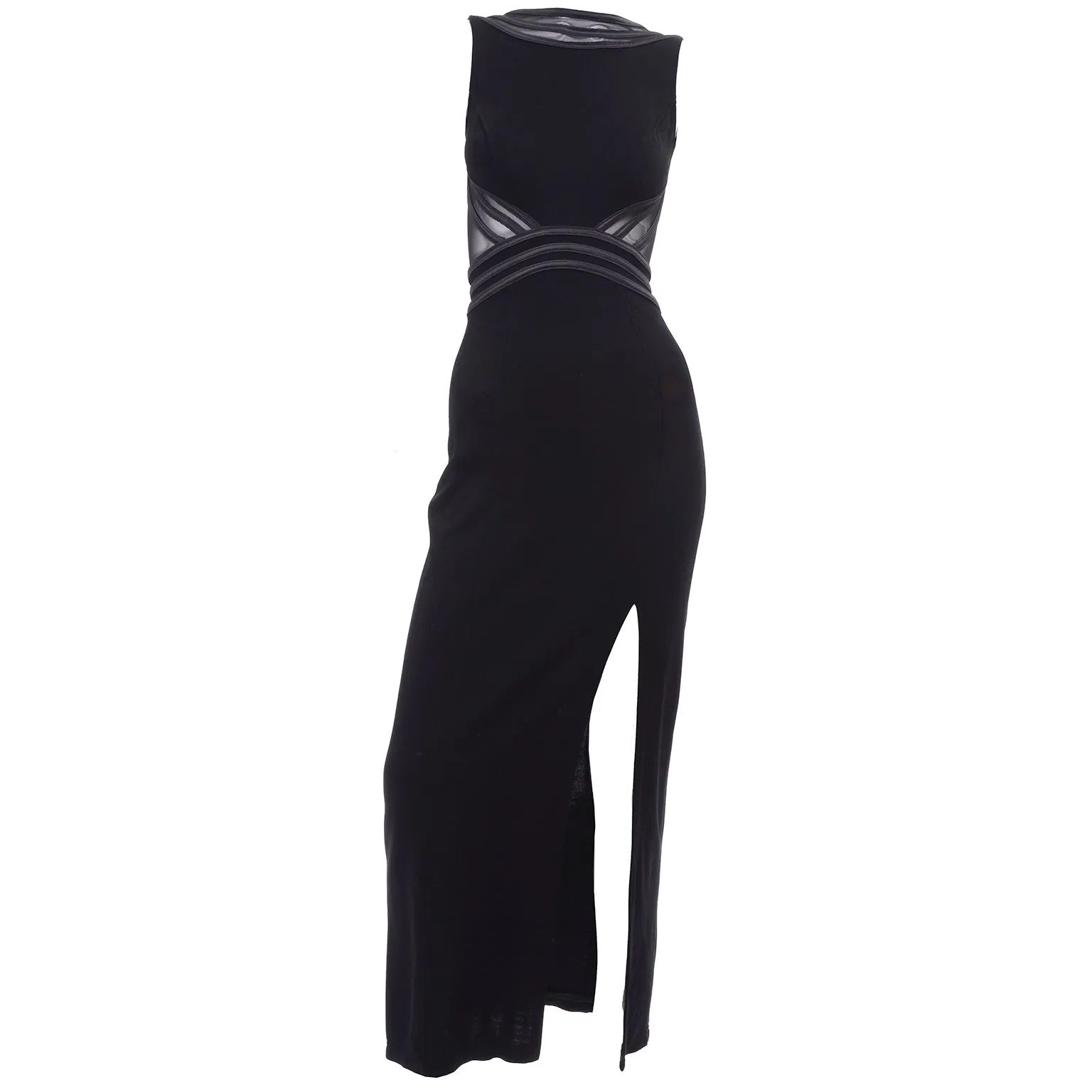 Tadashi Shoji Vintage Black Evening Dress w Sheer Mesh & Thigh High Slit
