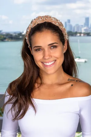 Tan Velvet Braided Headband with Pearls