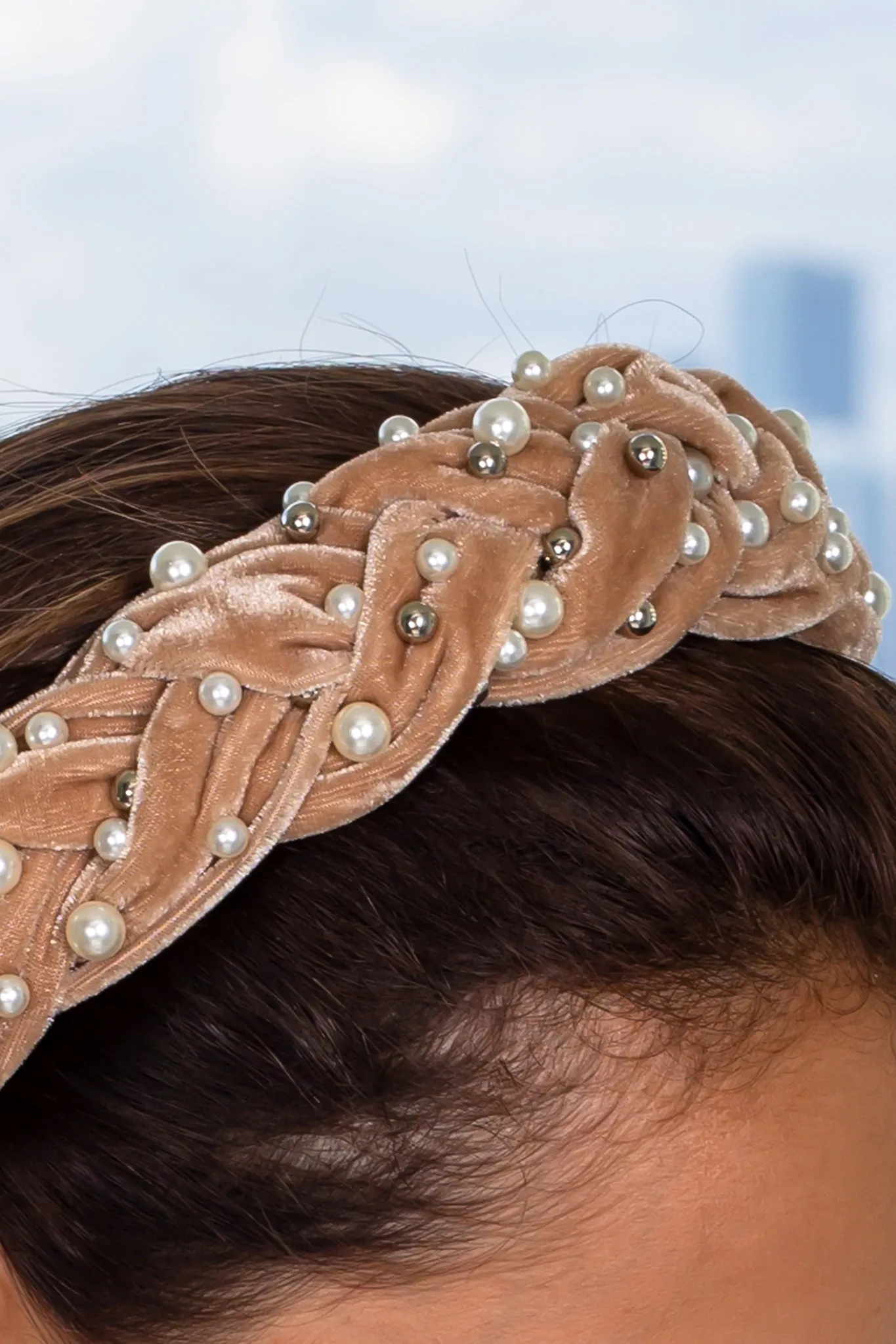 Tan Velvet Braided Headband with Pearls