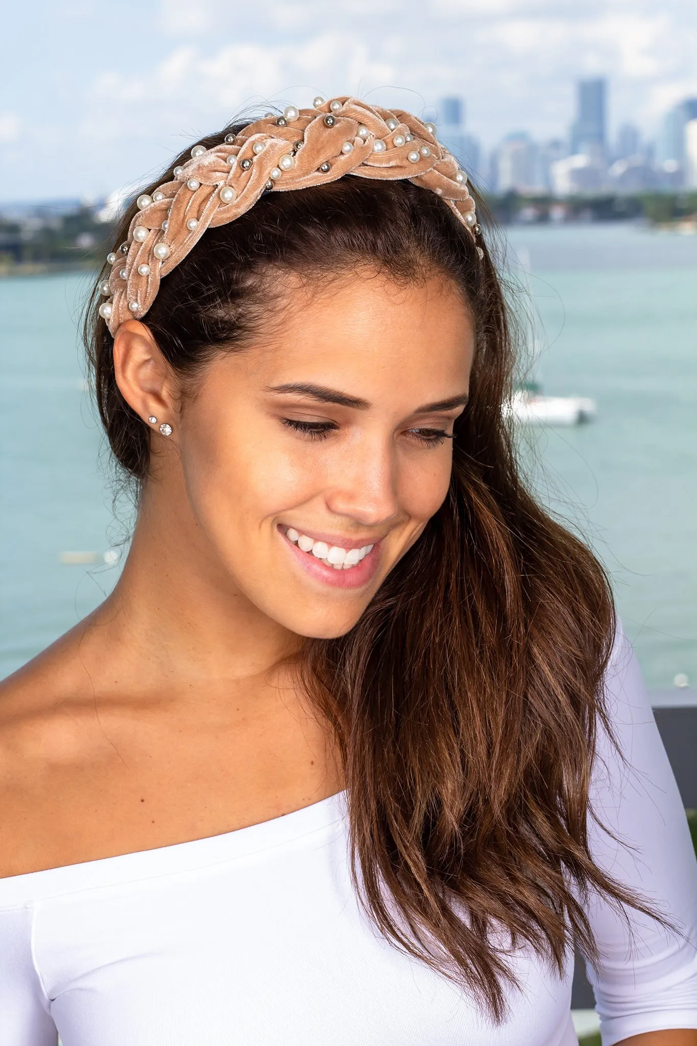Tan Velvet Braided Headband with Pearls