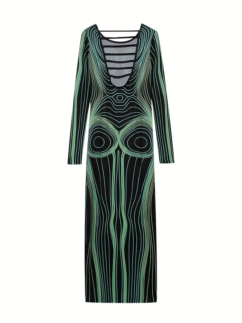 TastyHottie - Cut Out Lng Sleeve Striped Body Shape Print Dress