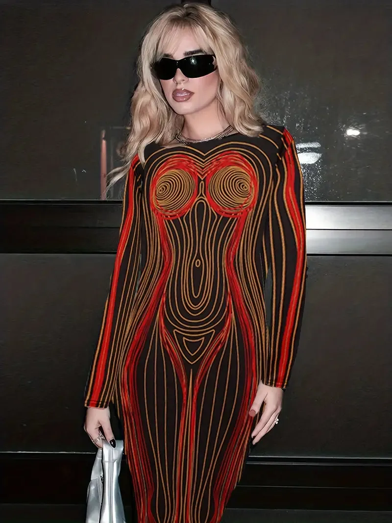 TastyHottie - Cut Out Lng Sleeve Striped Body Shape Print Dress
