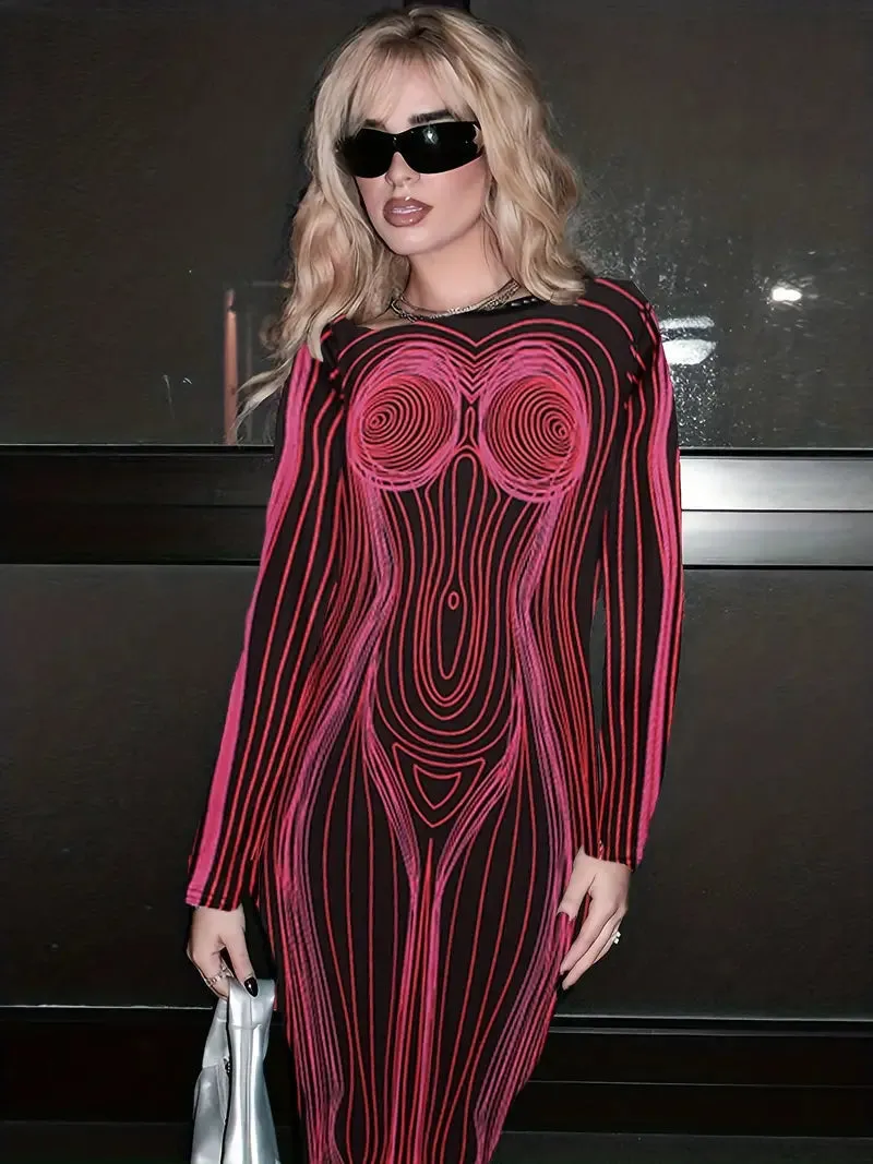 TastyHottie - Cut Out Lng Sleeve Striped Body Shape Print Dress