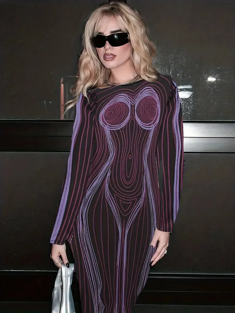 TastyHottie - Cut Out Lng Sleeve Striped Body Shape Print Dress