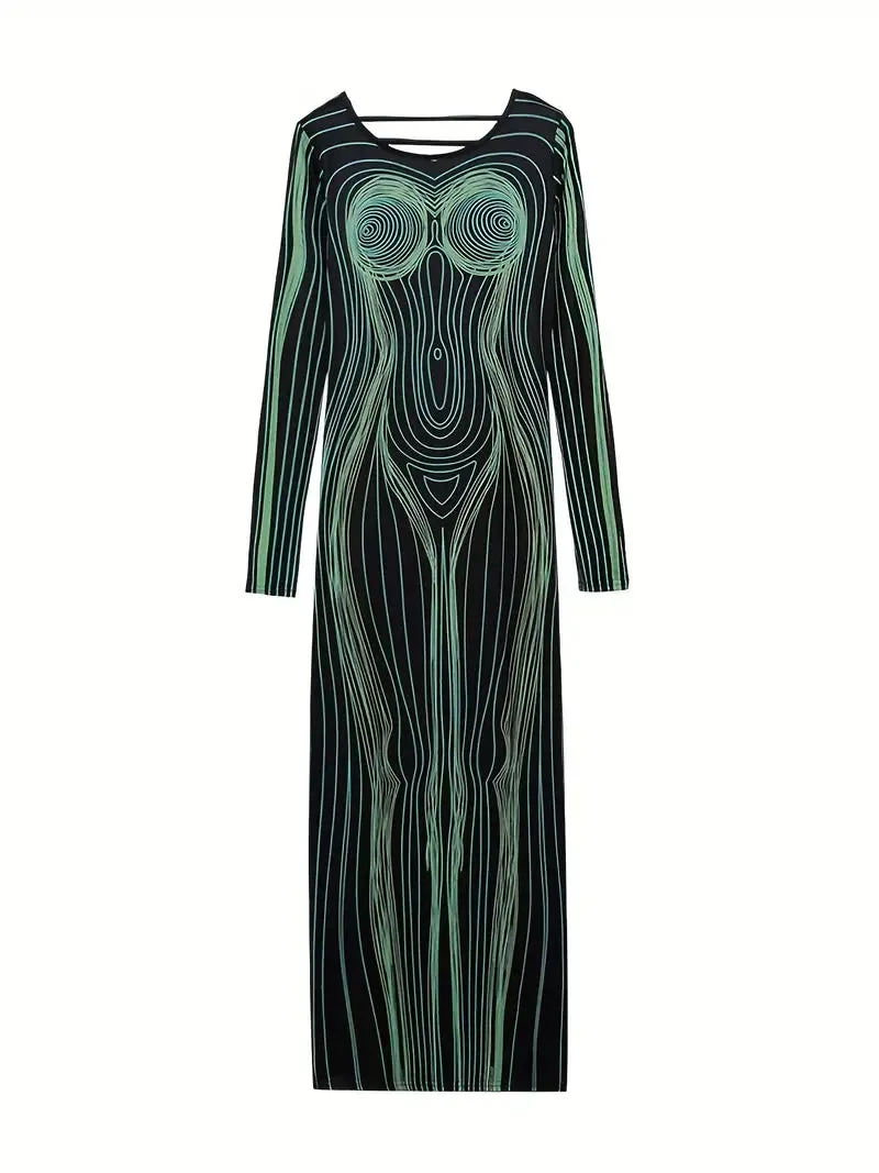 TastyHottie - Cut Out Lng Sleeve Striped Body Shape Print Dress