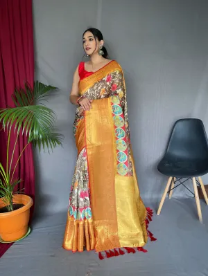 Taupe Brown Saree in Kalamkari Print
