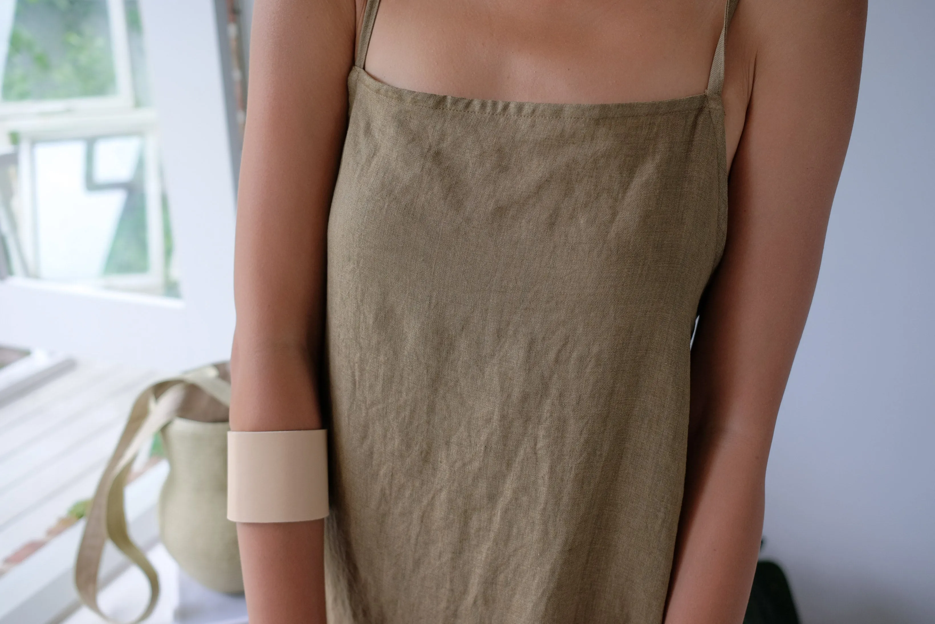 Taupe Tie Up Linen Low Back Apron Dress