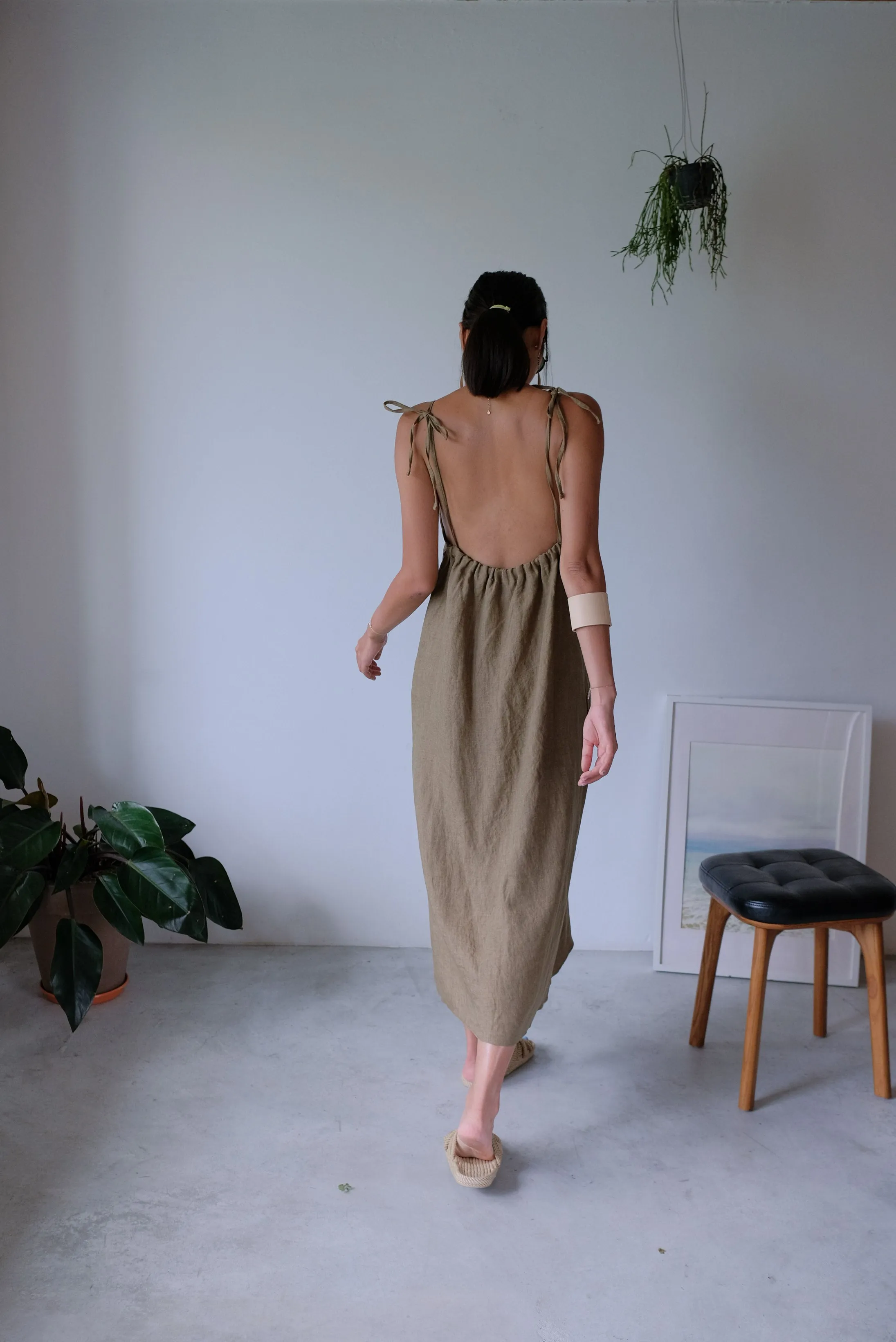 Taupe Tie Up Linen Low Back Apron Dress