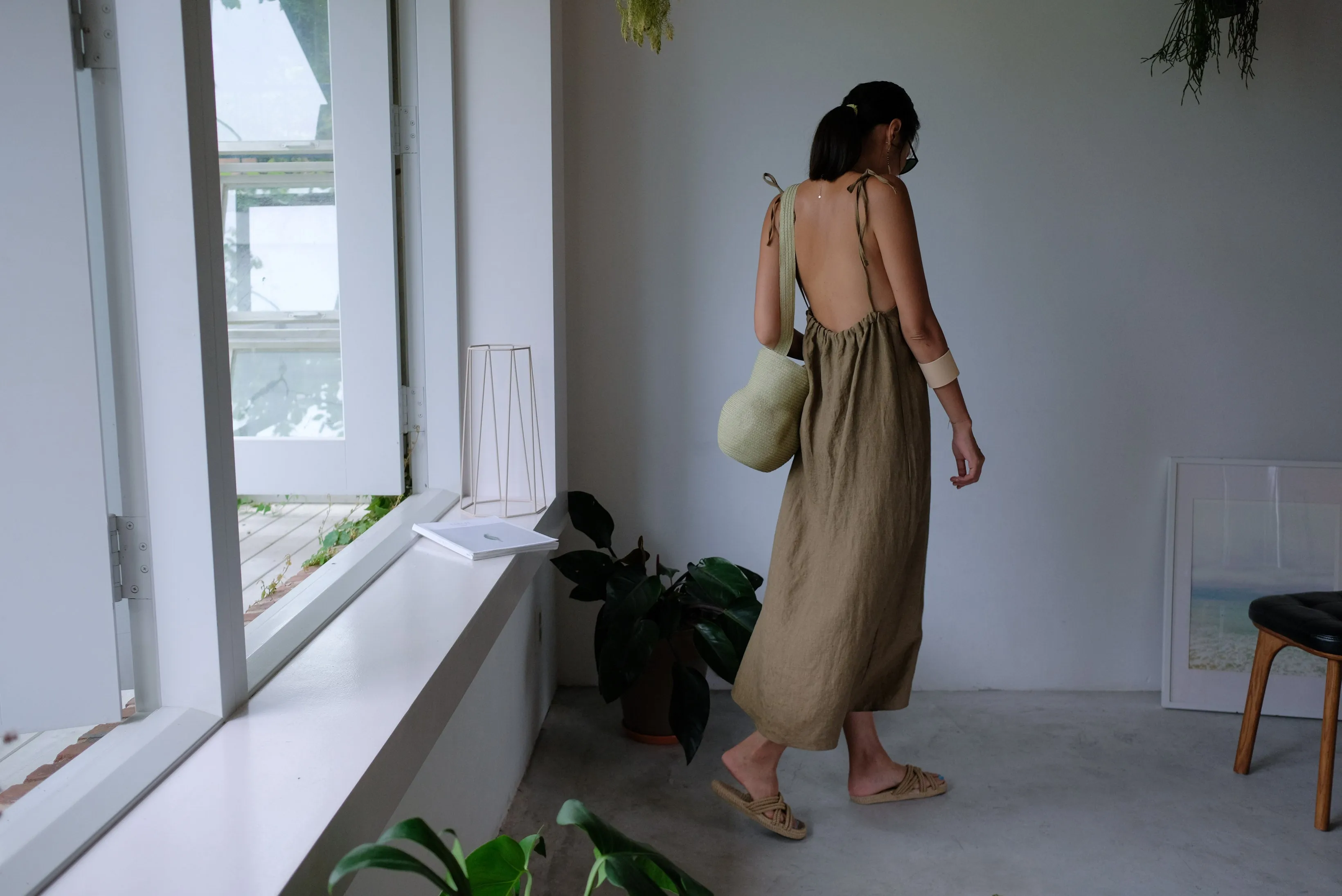 Taupe Tie Up Linen Low Back Apron Dress