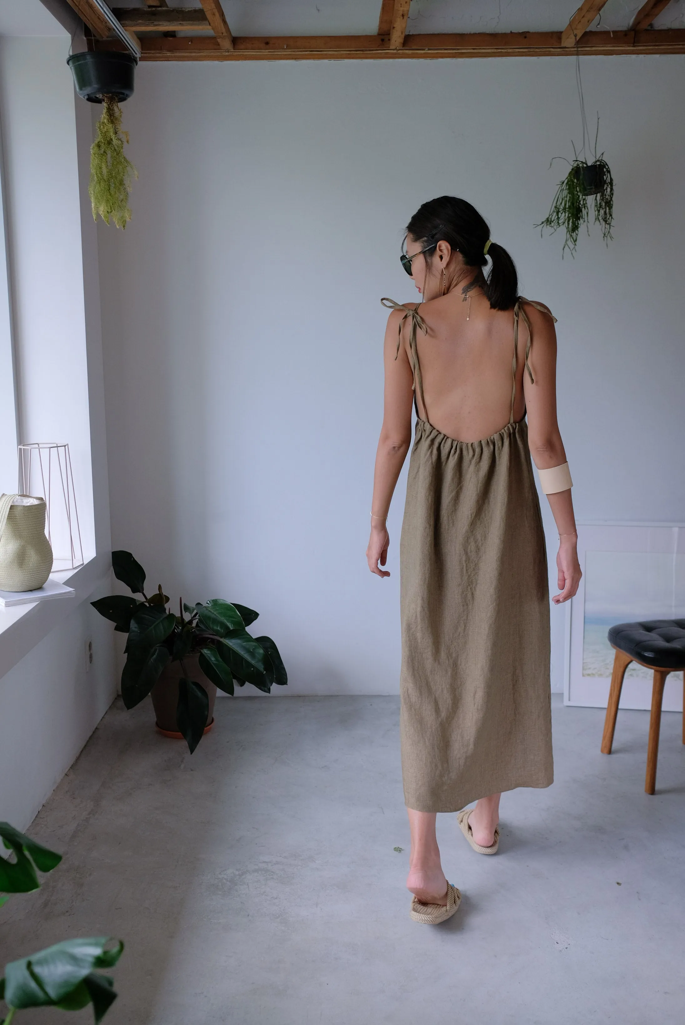 Taupe Tie Up Linen Low Back Apron Dress