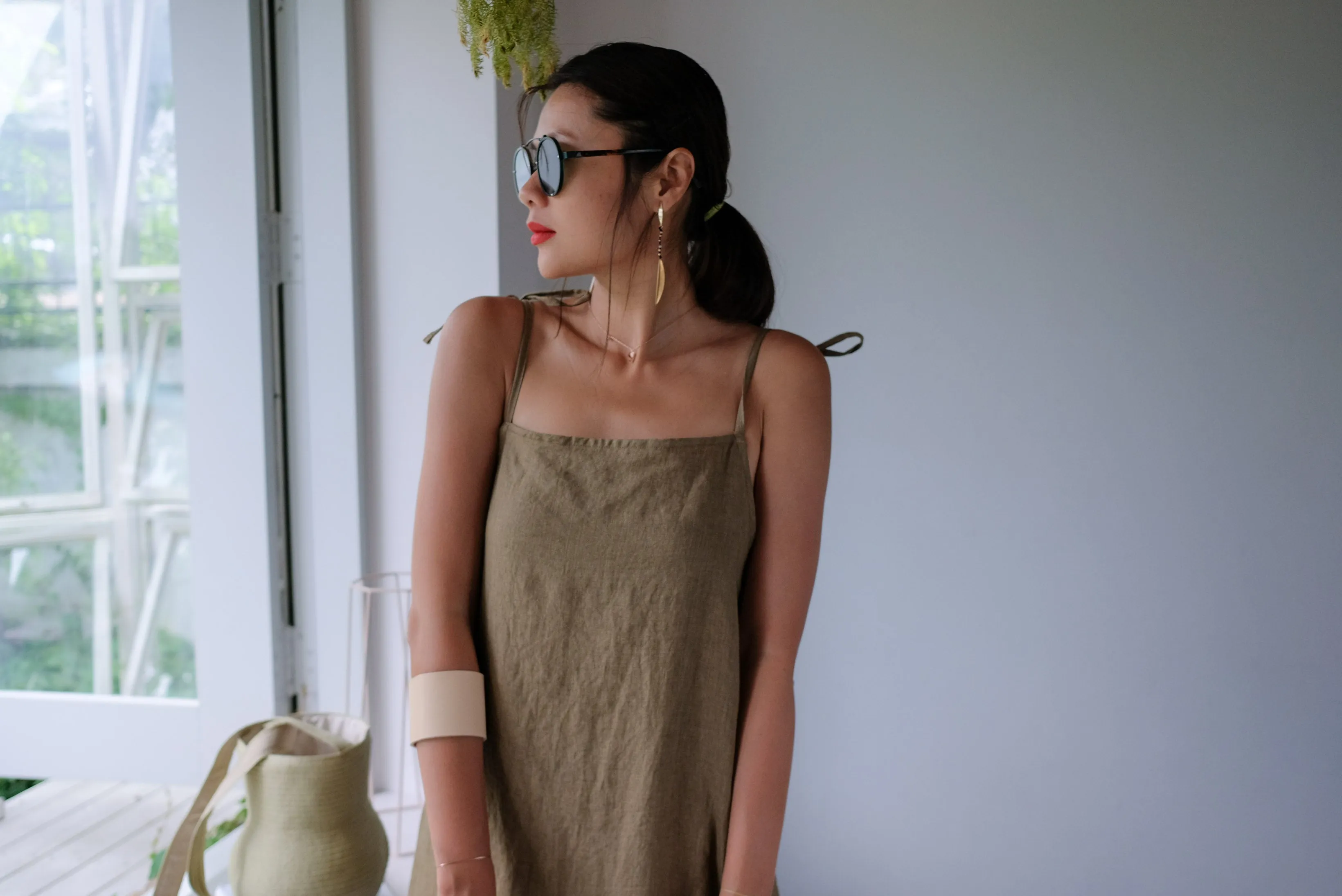 Taupe Tie Up Linen Low Back Apron Dress