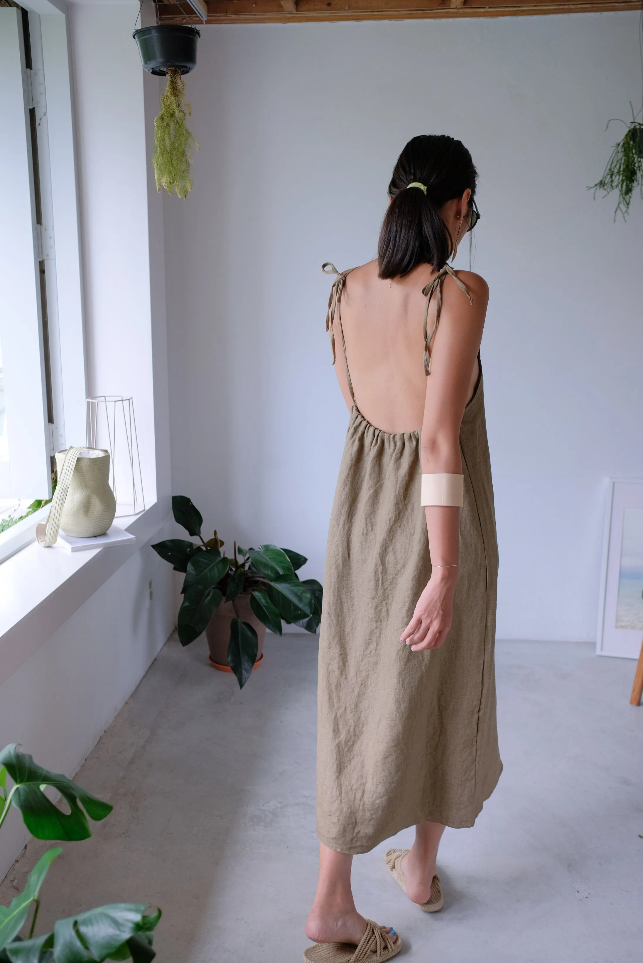 Taupe Tie Up Linen Low Back Apron Dress