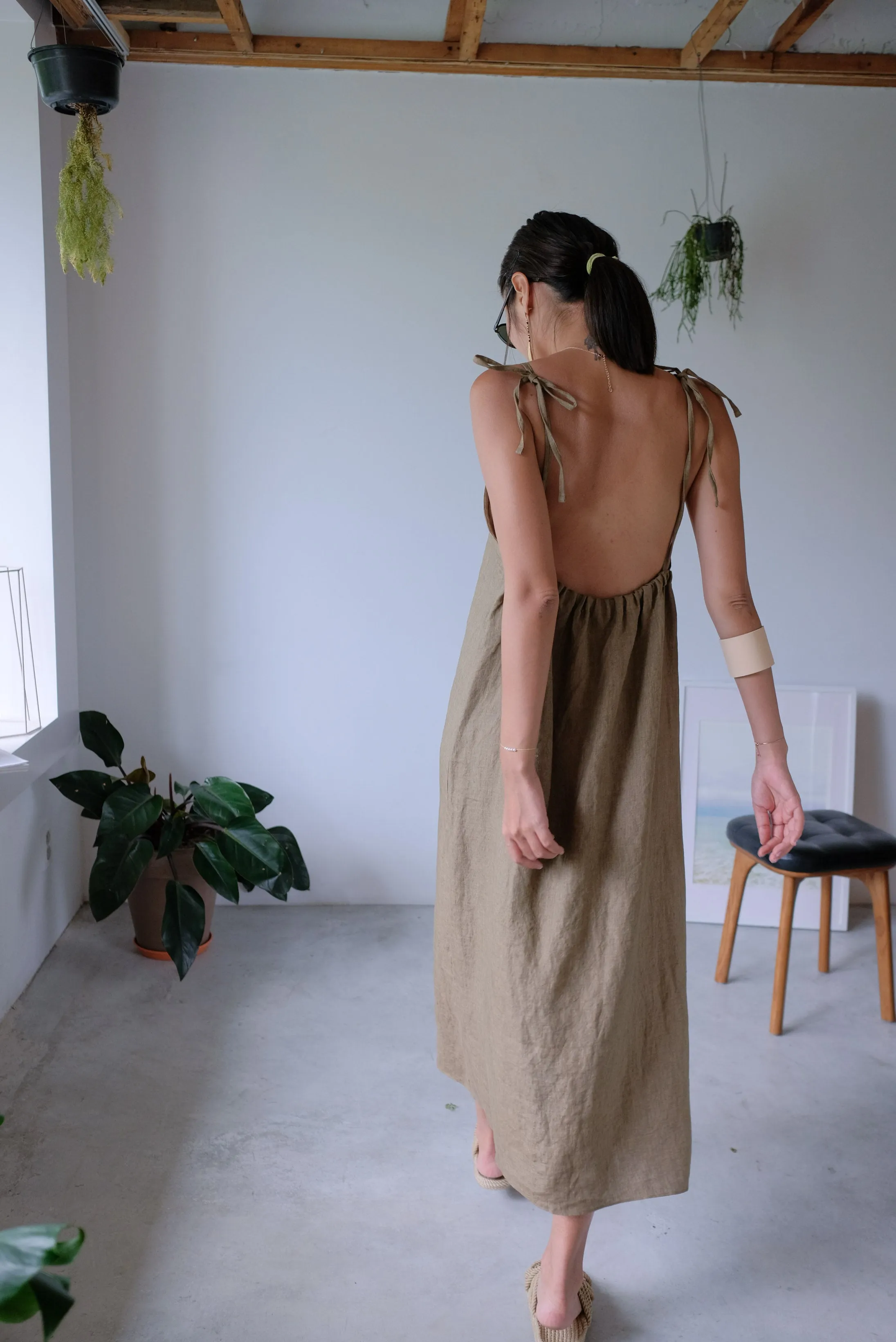 Taupe Tie Up Linen Low Back Apron Dress
