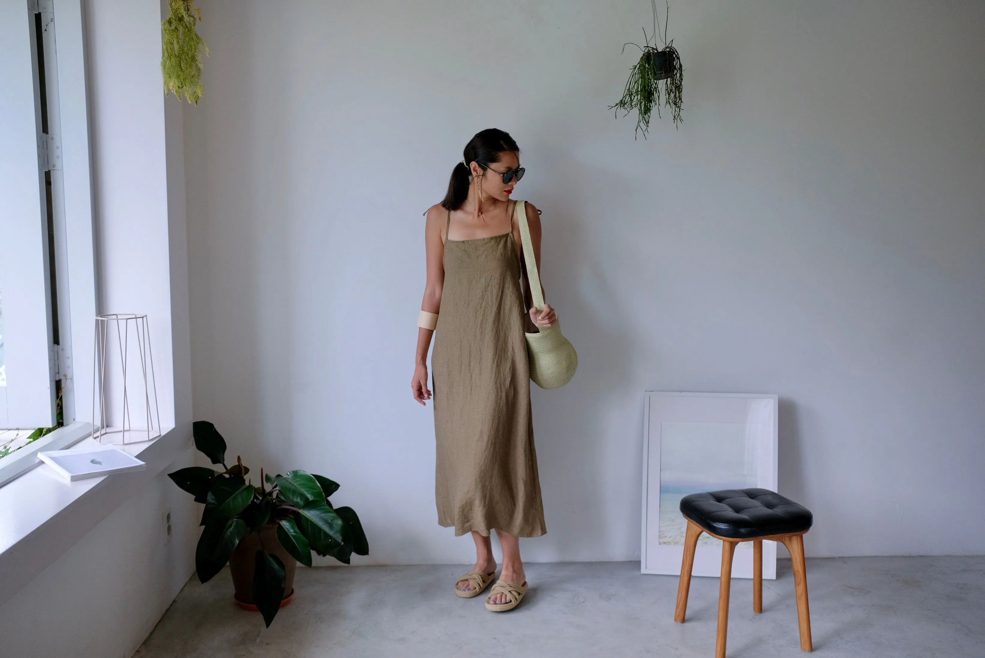 Taupe Tie Up Linen Low Back Apron Dress