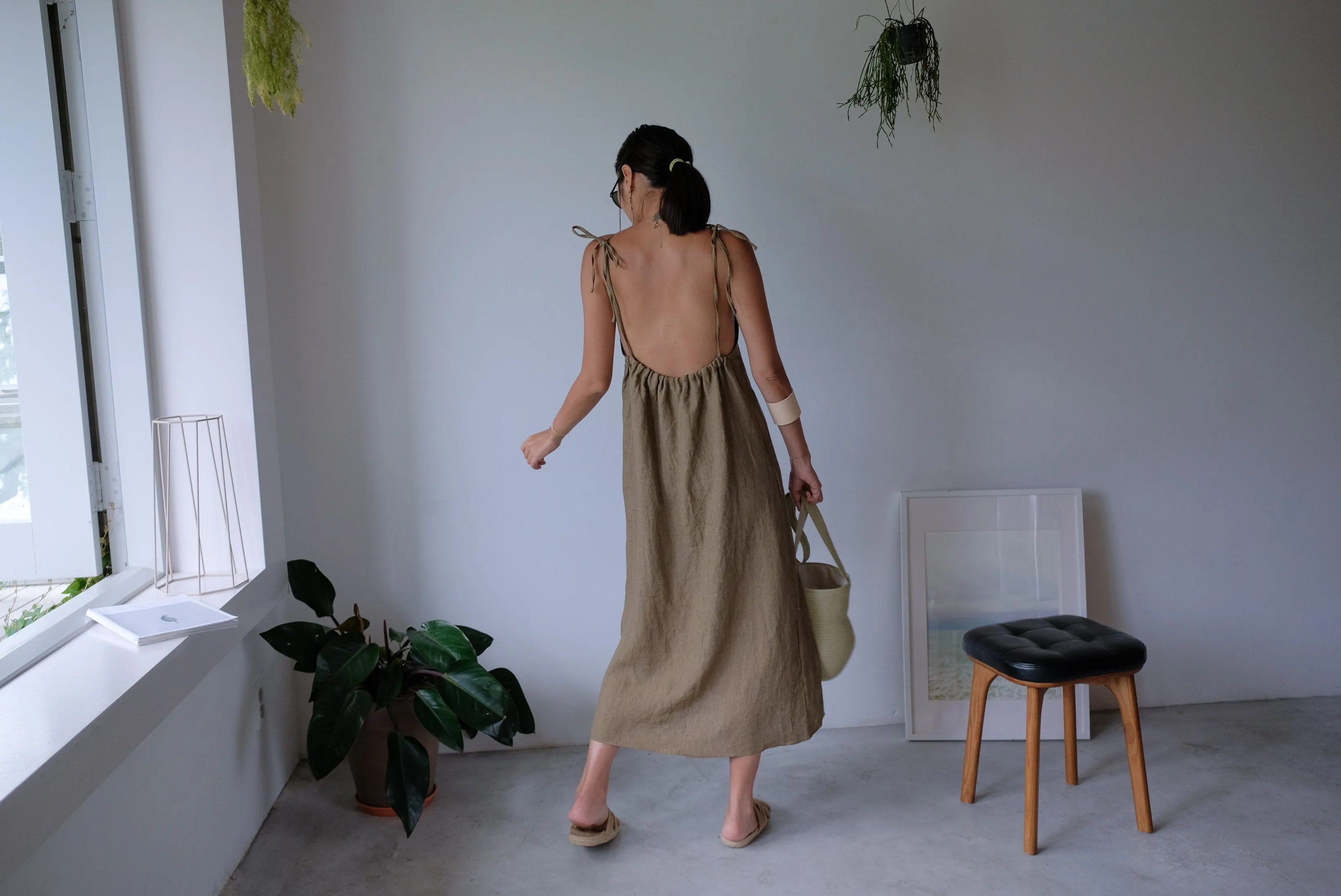 Taupe Tie Up Linen Low Back Apron Dress