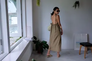Taupe Tie Up Linen Low Back Apron Dress