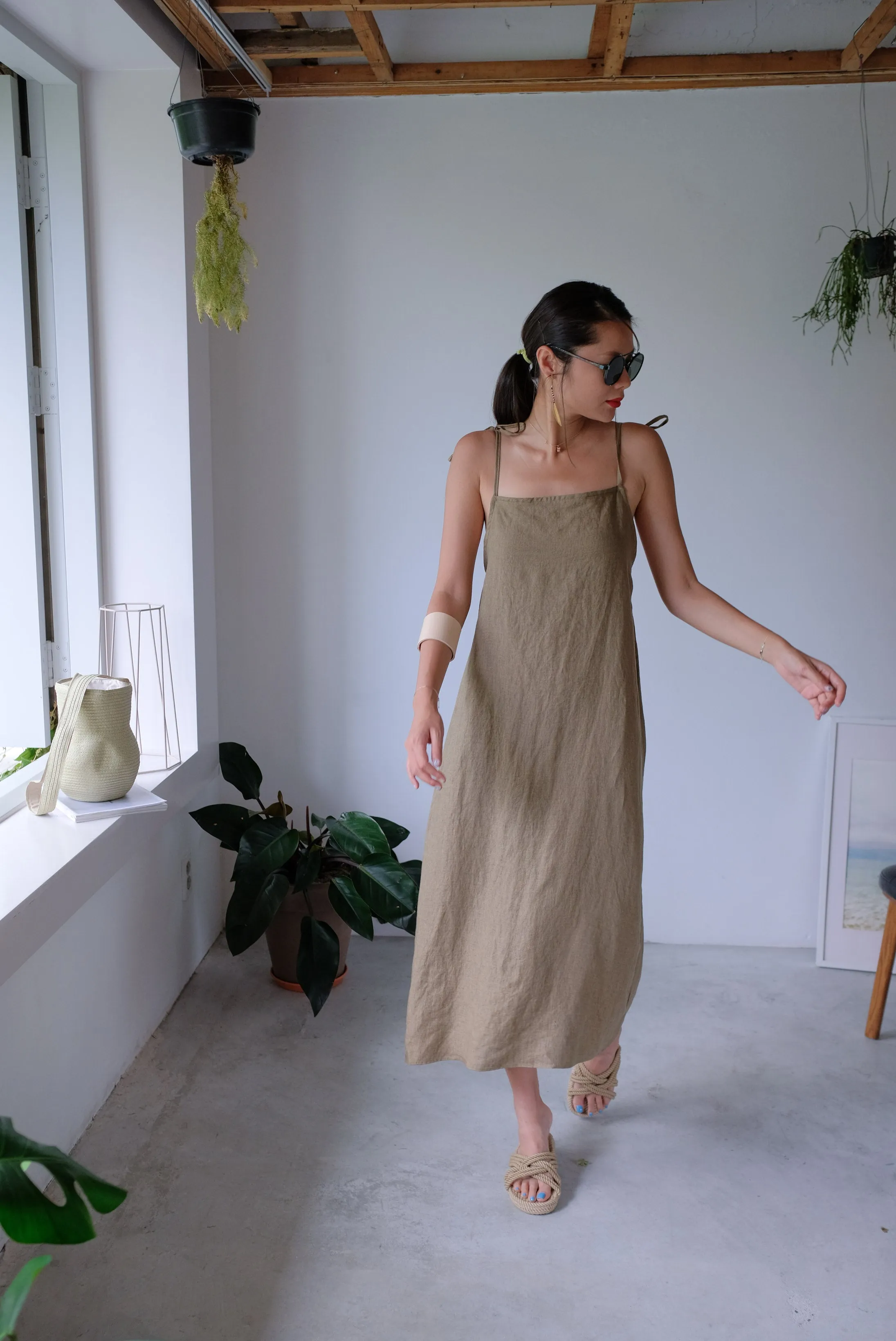 Taupe Tie Up Linen Low Back Apron Dress
