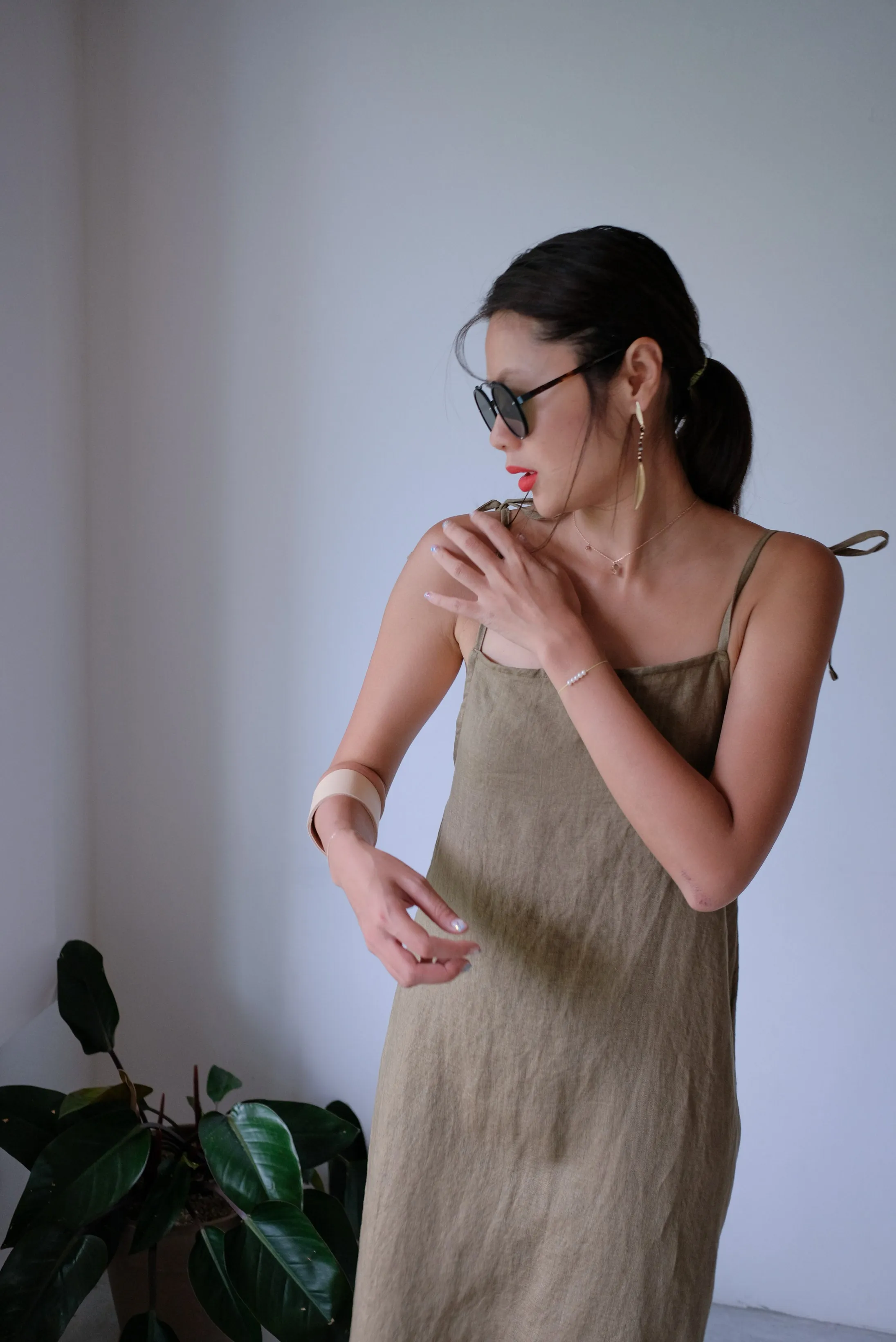 Taupe Tie Up Linen Low Back Apron Dress