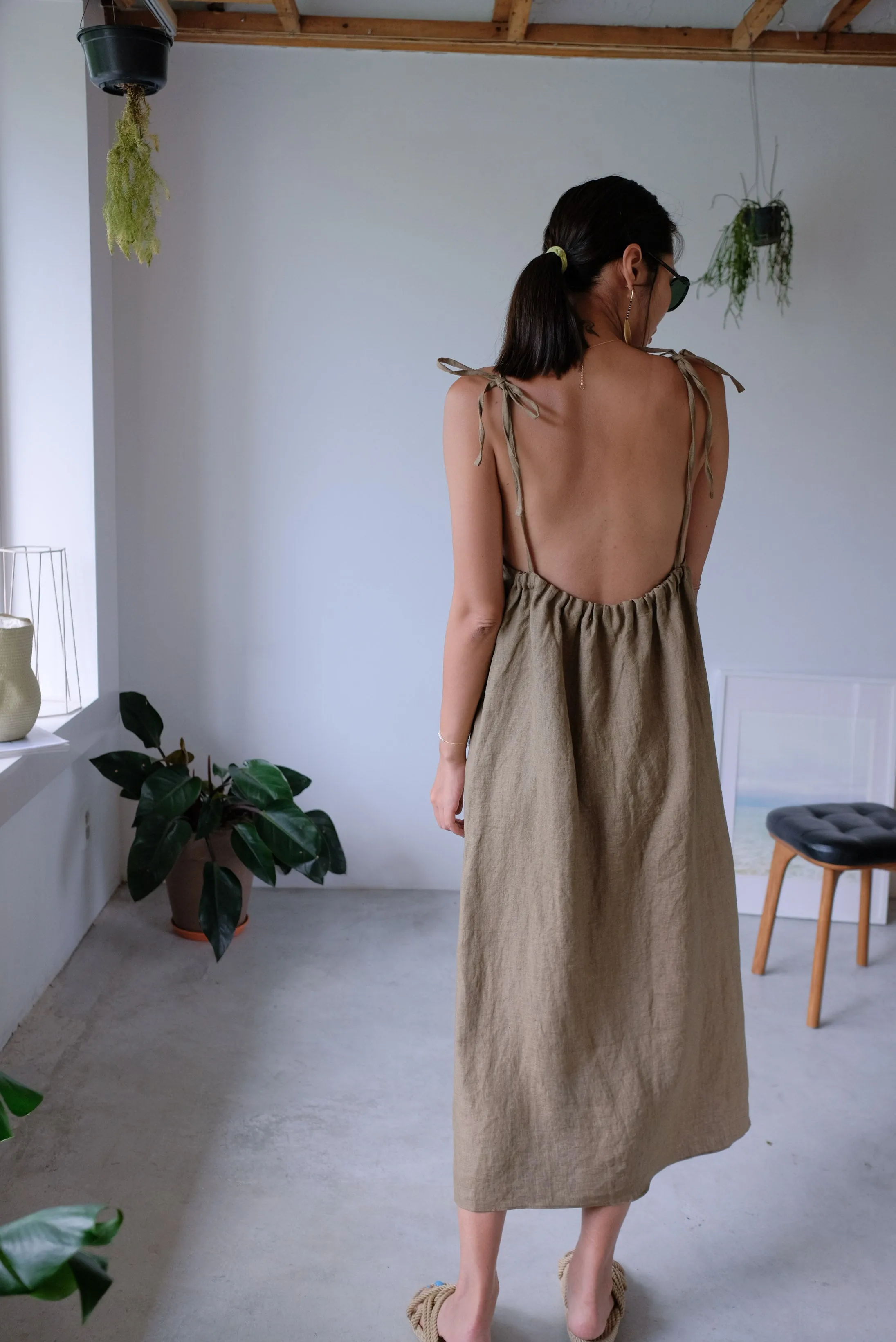 Taupe Tie Up Linen Low Back Apron Dress