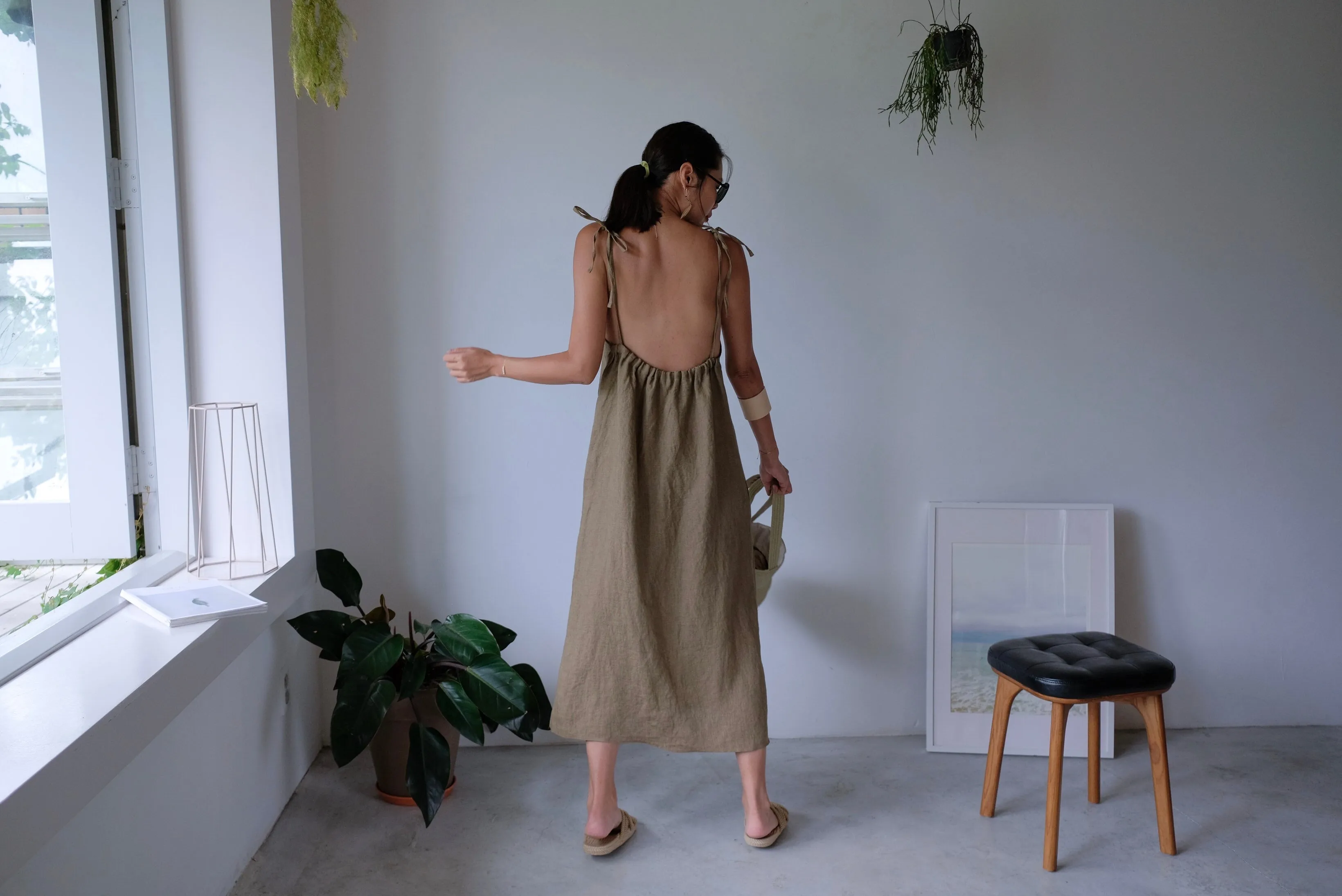 Taupe Tie Up Linen Low Back Apron Dress