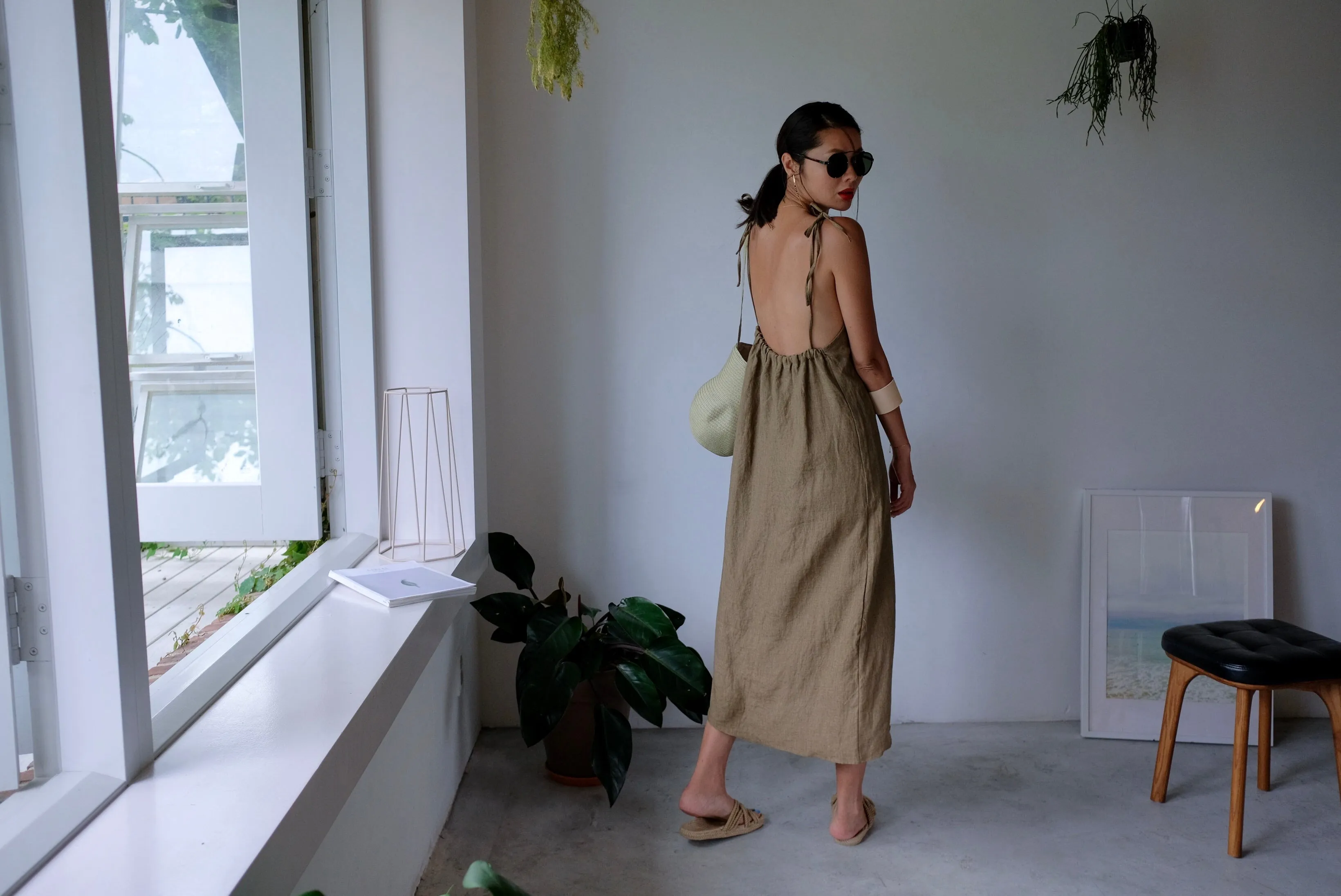 Taupe Tie Up Linen Low Back Apron Dress