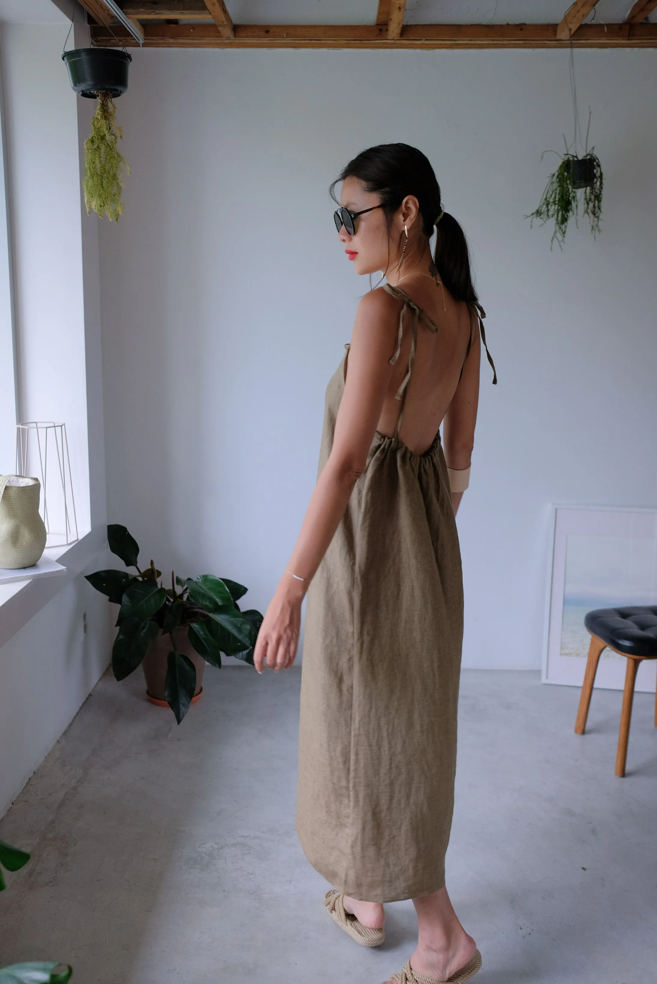 Taupe Tie Up Linen Low Back Apron Dress